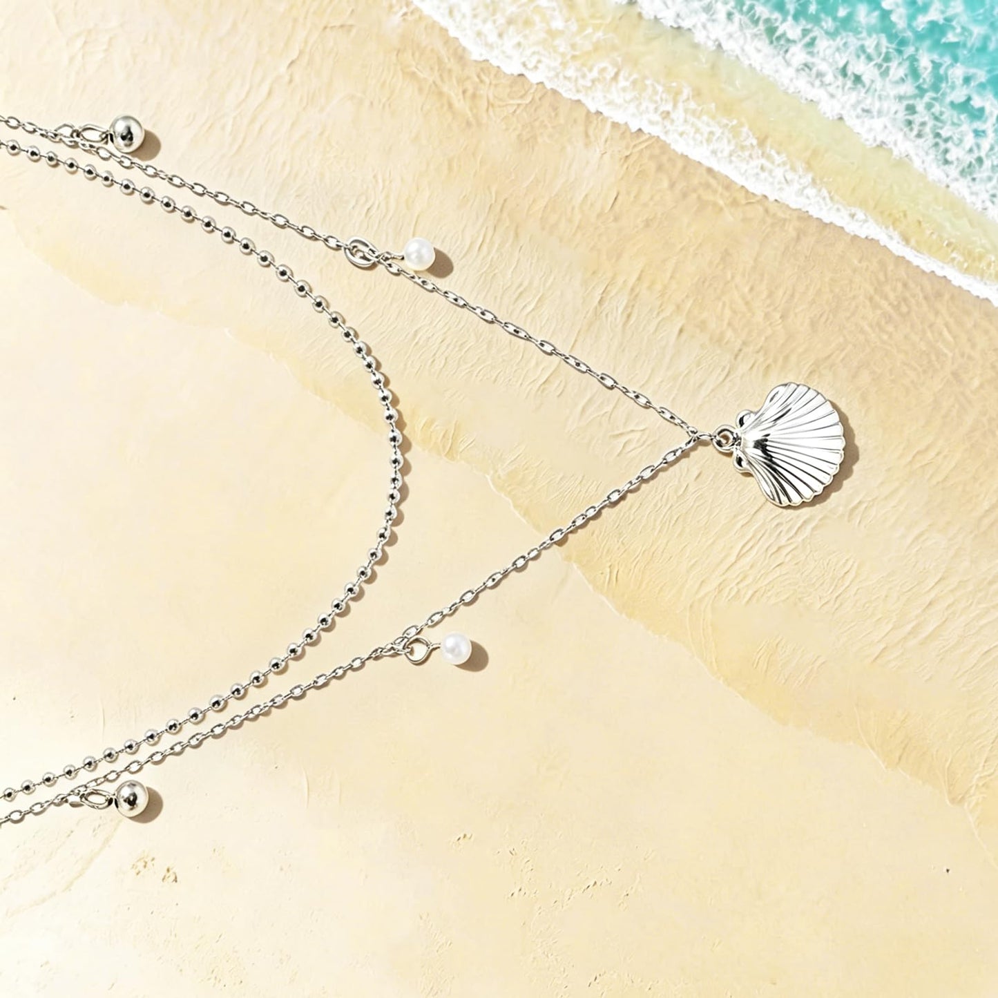 Starfish Shell Necklace for Women,14k Gold Plated Silver Layered SeaShell Pearl Pendant Charm Necklaces Dainty Non Tarnish Adjustable Waterproof Beaded Necklace Stack Jewelry for Summer Beach Vacation (Silver Shell Necklace)