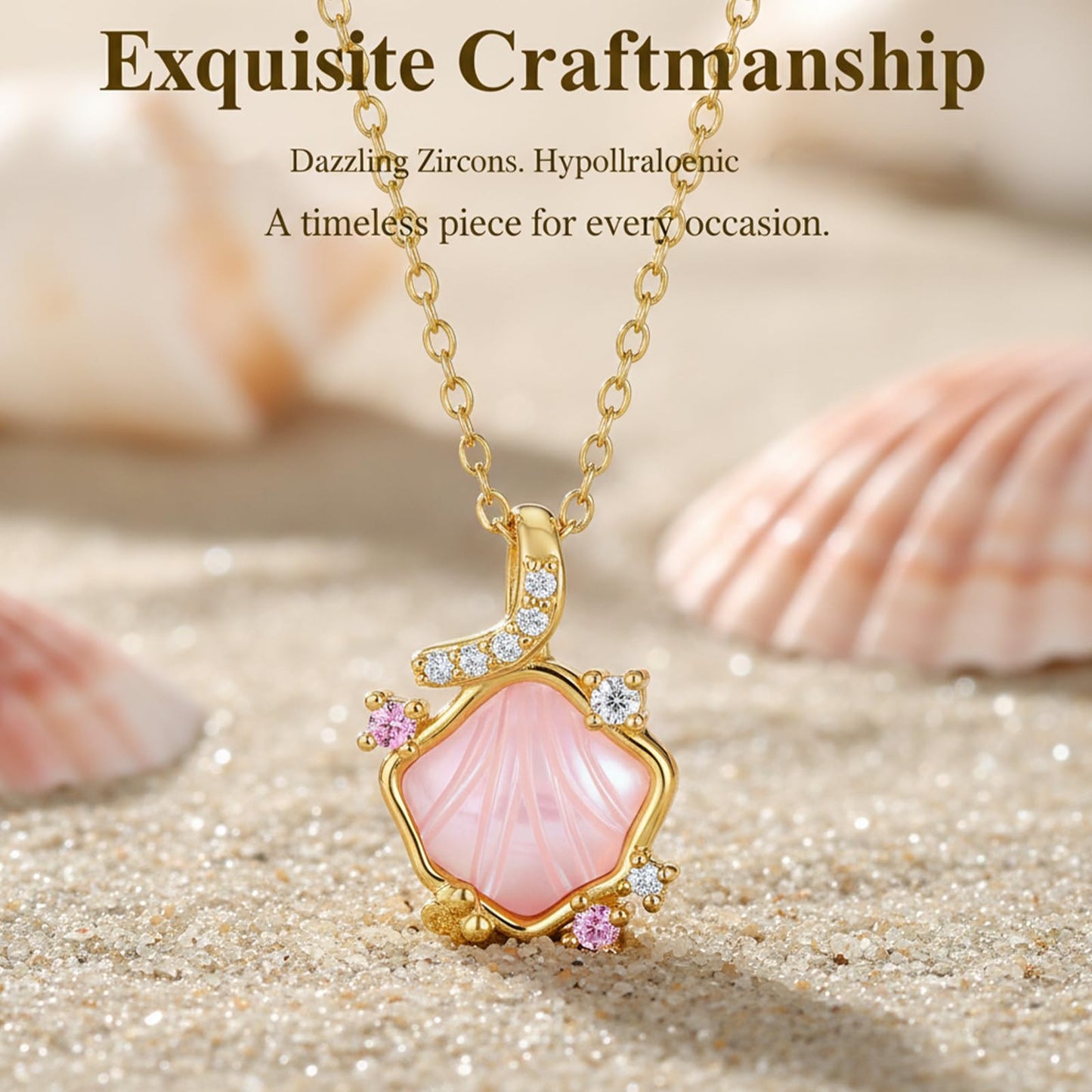 Pink Resin Seashell Necklace-Gold Plated CZ Shell Necklace Mother Of Pearl Beach Jewelry For Women Valentine's Day Mother's Day Christmas Birthday Gifts