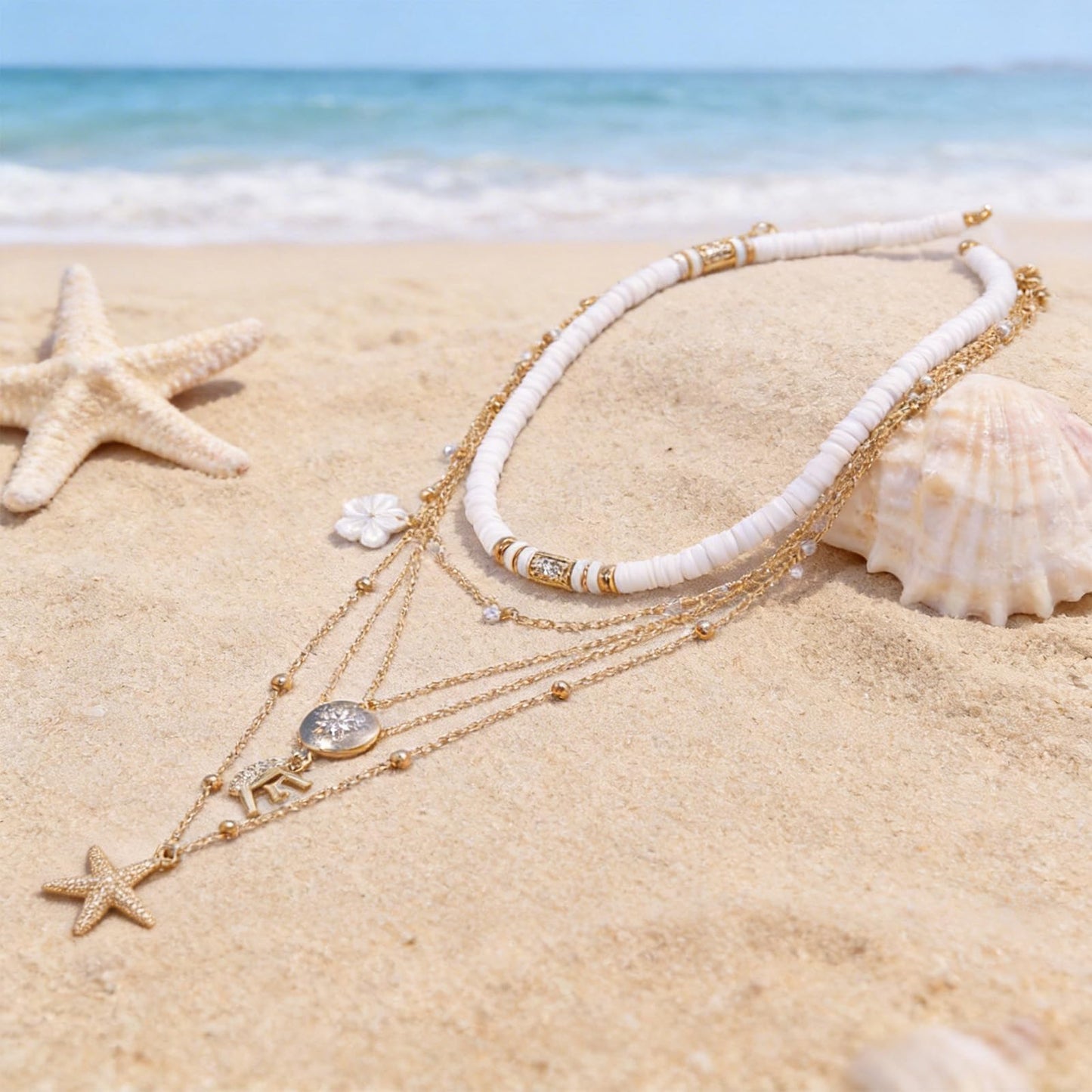 KummerSaprk Seashell Necklace Summer Vacation Jewelry for Women Gold Beachy Necklace Stack Starfish Flower Cowrie Sea Shell Pendant Necklaces Summer Essentials Accessories Gifts