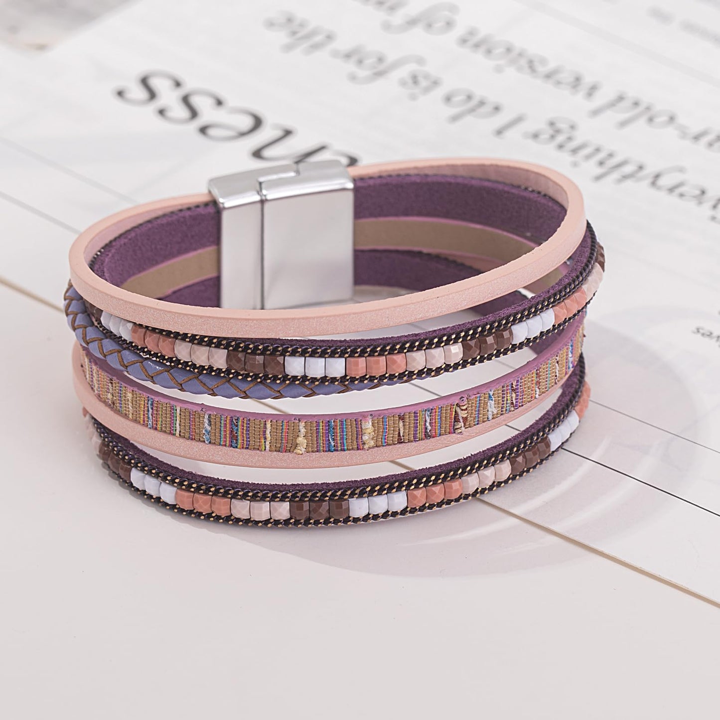 FANCY SHINY Boho Leather Wrap Bracelets Trendy Layered Bracelets with Magnetic Clasp Strackable Bohemian Cuff Jewelry Gifts for Women(Pink)