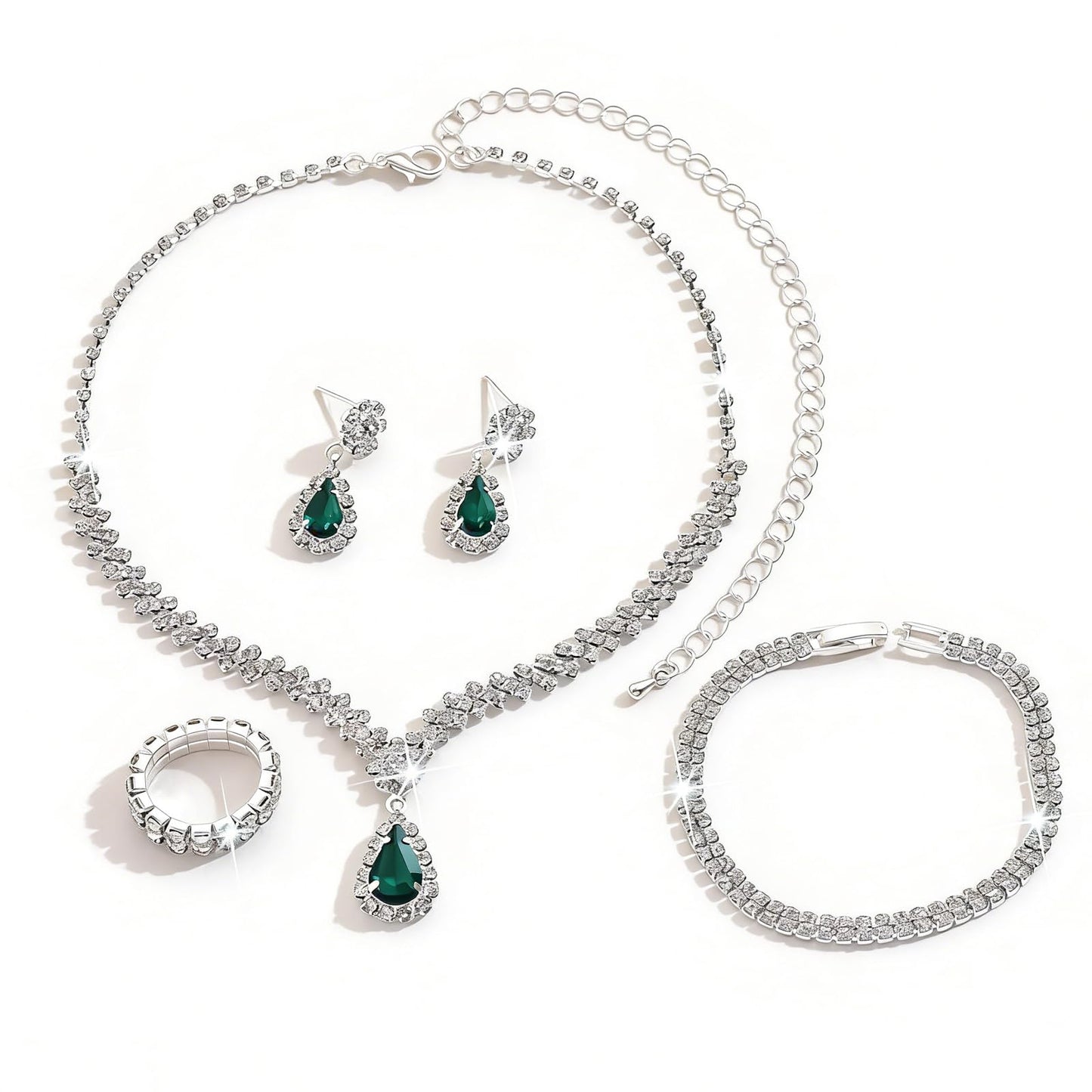 IS4U Rhinestone Water Drop Set for Women Bridal Wedding Vintage Colourful Crystal Zircon Statement Necklace Ring Earrings Bracelet Set Party Dress Ball Fashion Jewellery (Green)