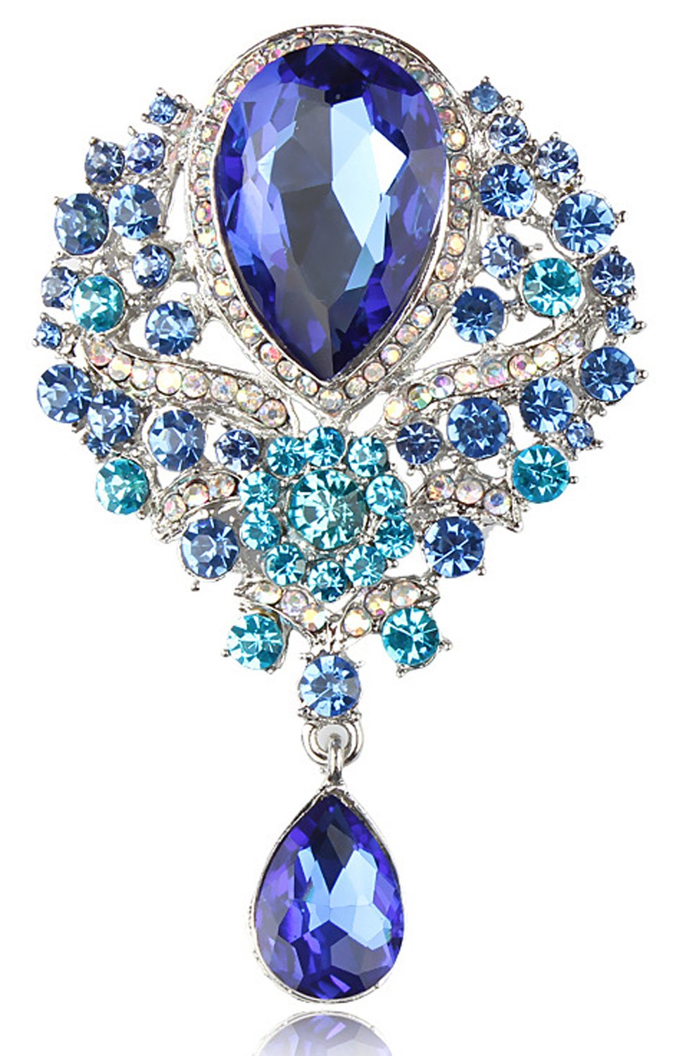 Gyn&Joy Women's Vintage Style Austrian Crystal Flower Teardrop Lake Blue Gorgeous Brooch Pin BZ061