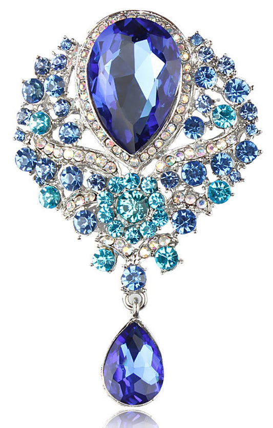 Gyn&Joy Women's Vintage Style Austrian Crystal Flower Teardrop Lake Blue Gorgeous Brooch Pin BZ061