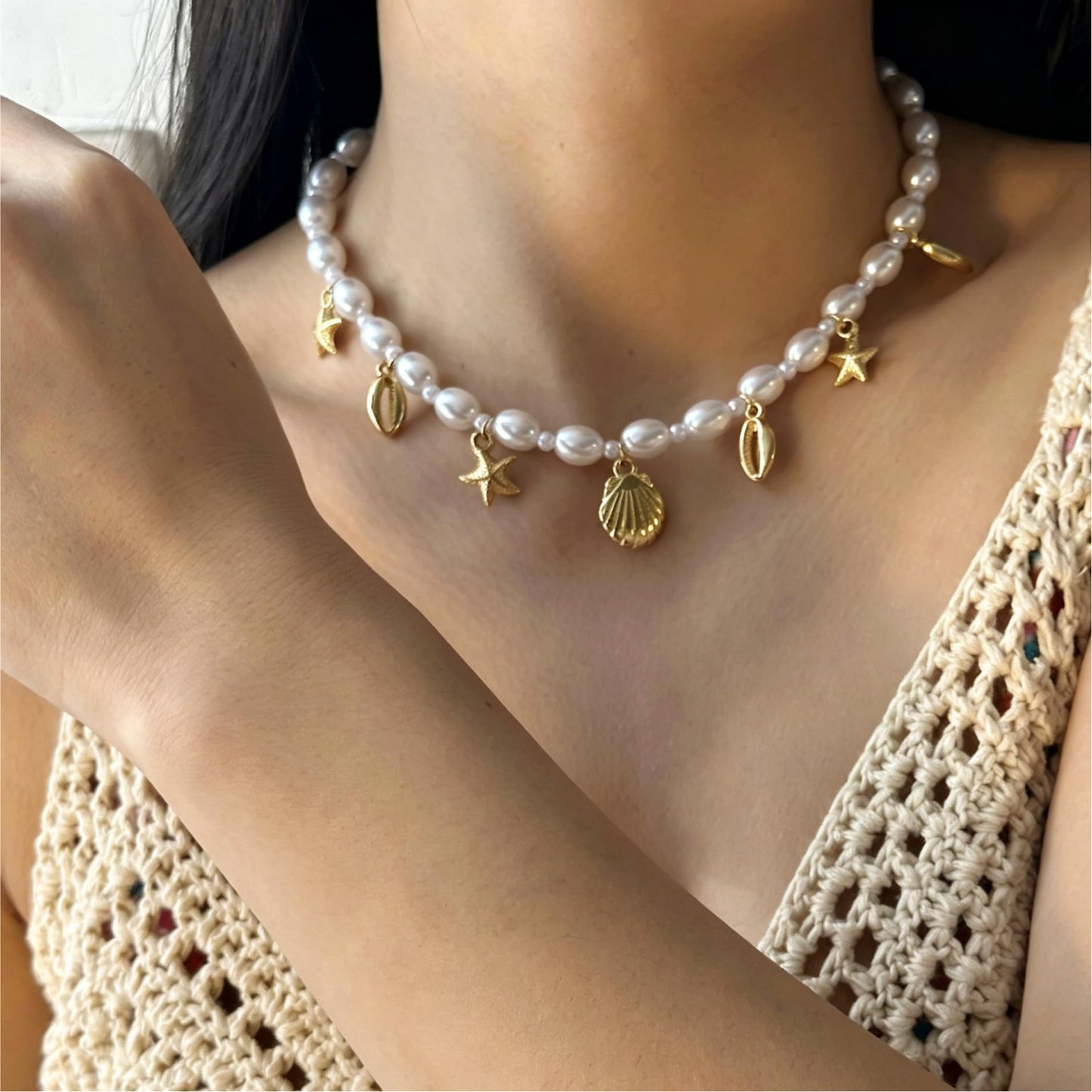 Shell Starfish Necklace for Women Gold Plated Pendant Pearl Necklace Boho Beaded Dainty Adjustable Necklaces Shell Conch Summer Beach Cuff Jewelry Accessories