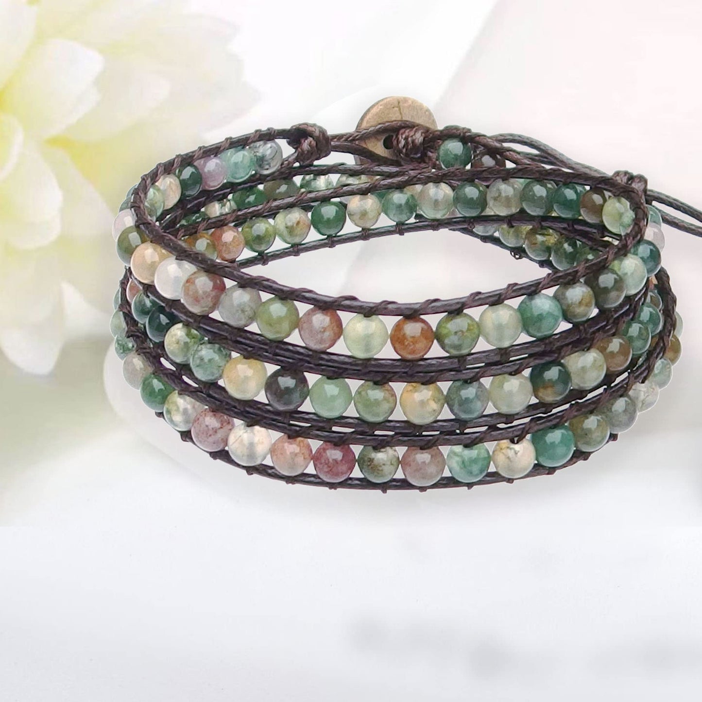 Ayriwoyi Moss Indian Agate Bracelet Beaded Wrap Bracelet for Women Natural Stone Bracelet Leather Wrap Bracelet Crystal Bracelets Handmade Jewelry Gifts