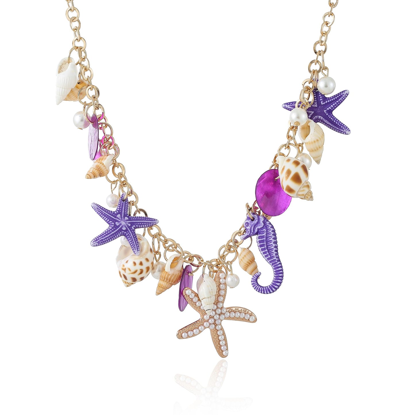 Shell Starfish Necklace for Women Conch Shell Starfish Pearl Necklace Seahorse Necklace Bohemian Chunky Choker Necklace Sea Shell Pearl Choker Collar Neck Mermaid Costume Jewelry Beach Jewelry (Purple)