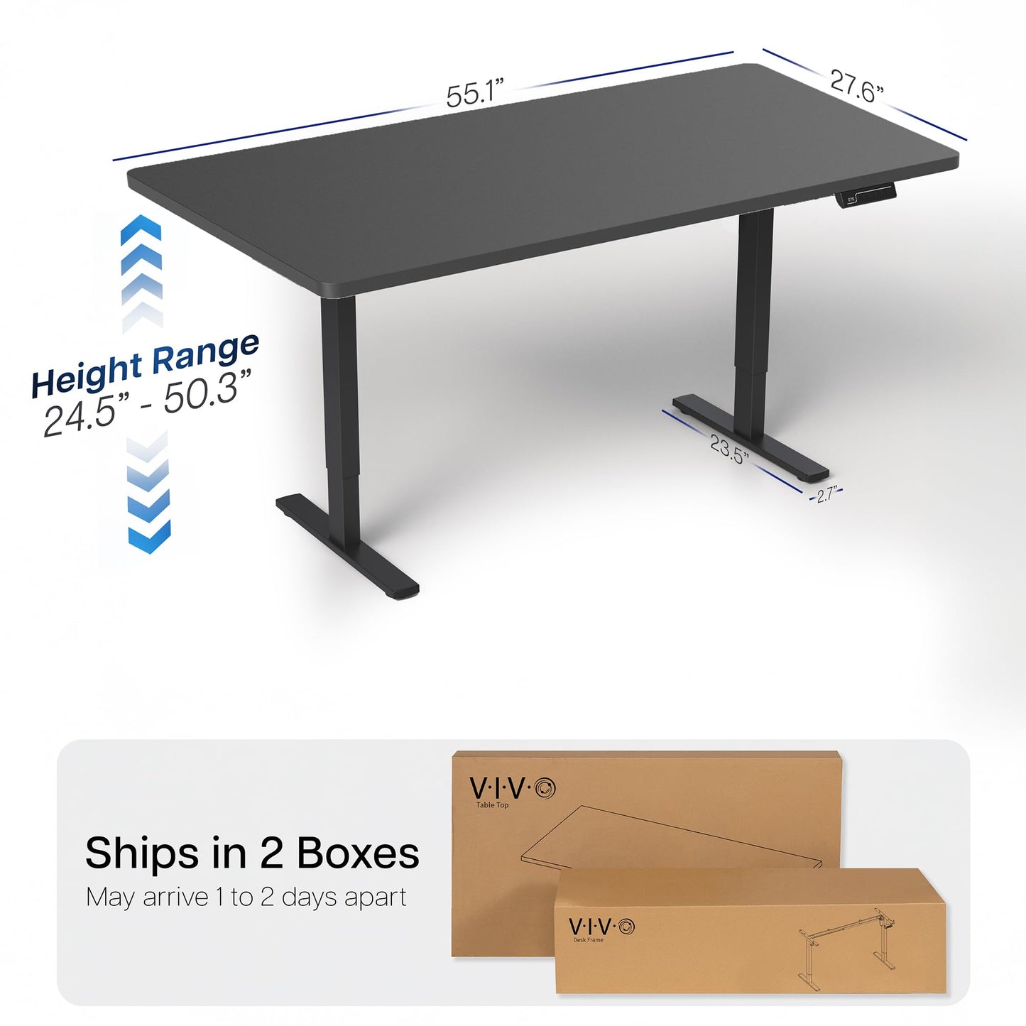 VIVO Electric 55 x 28 in Dual Motor Sit Stand Desk, Memory Height Adjustment, 2B Series, Black Top Black Frame, DESK-KIT-2B55B