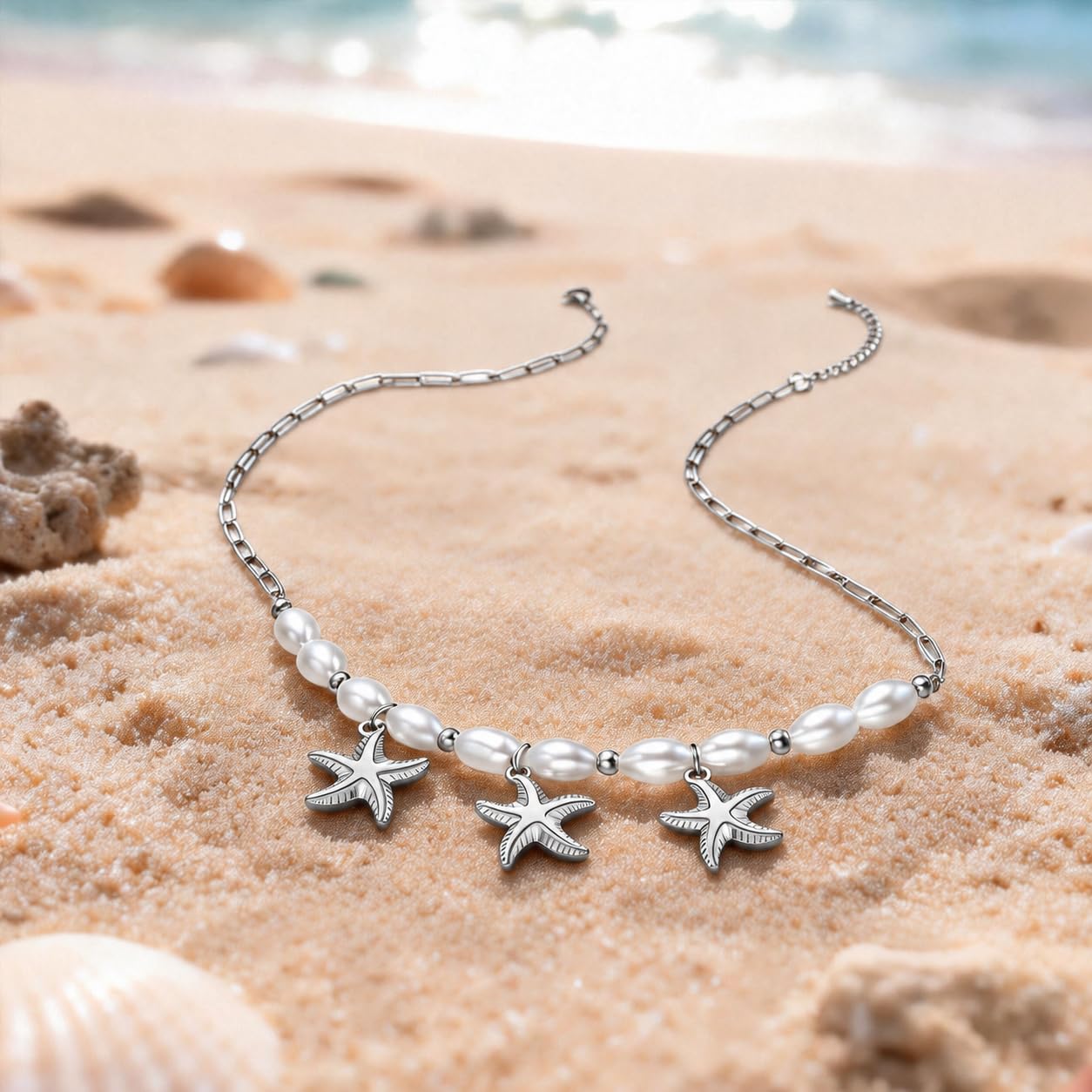 Starfish Necklace for Women: 14K Gold Plated 3-Piece Pendant with 10 Simulated Pearls on Stainless Steel Chain | Cute Boho Beach Jewelry Gift for Summer (Silver)