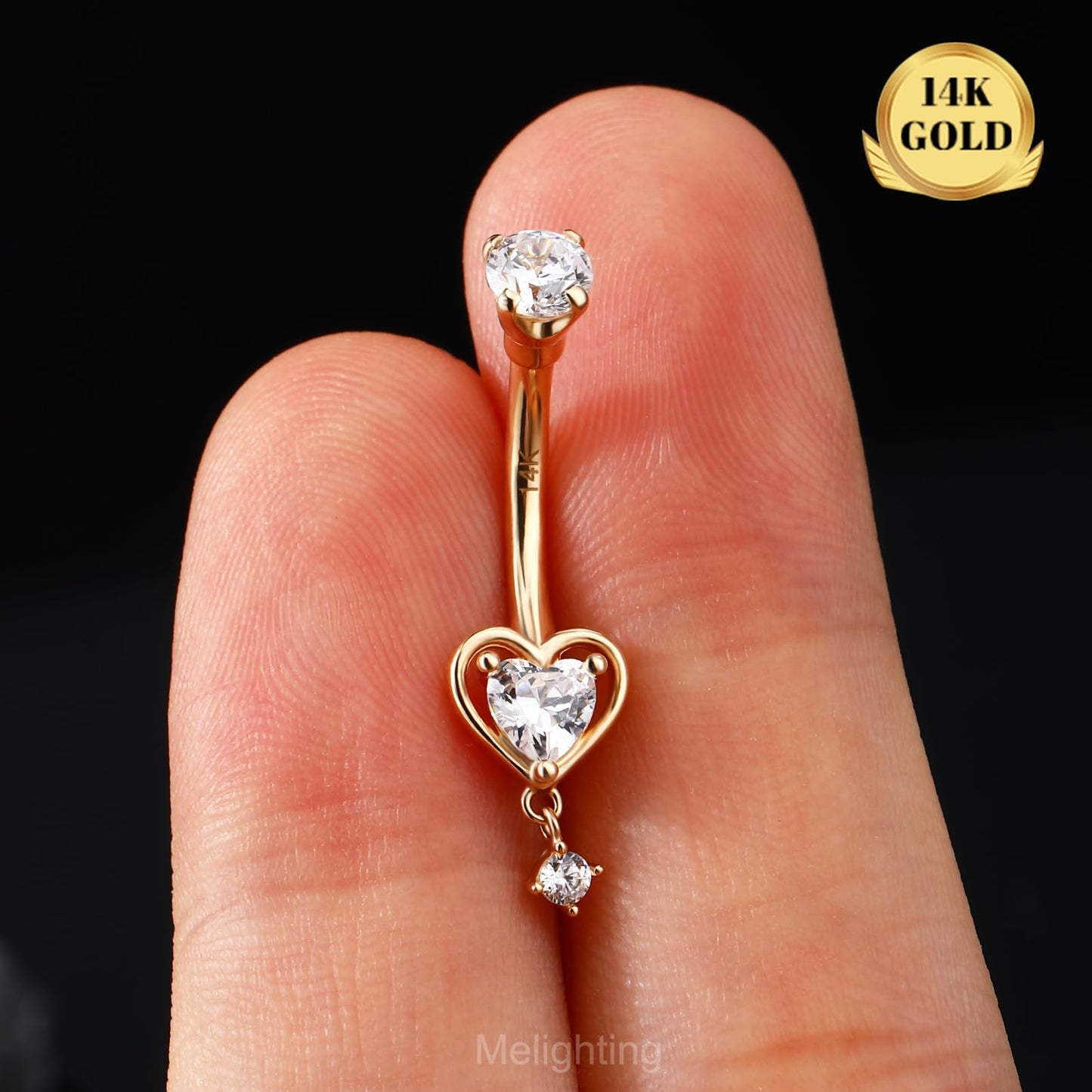 Melighting 14K Solid Gold Belly Button Ring Heart Belly Ring Gold Dangle Belly Piercing Jewelry 14G Navel Ring for Women