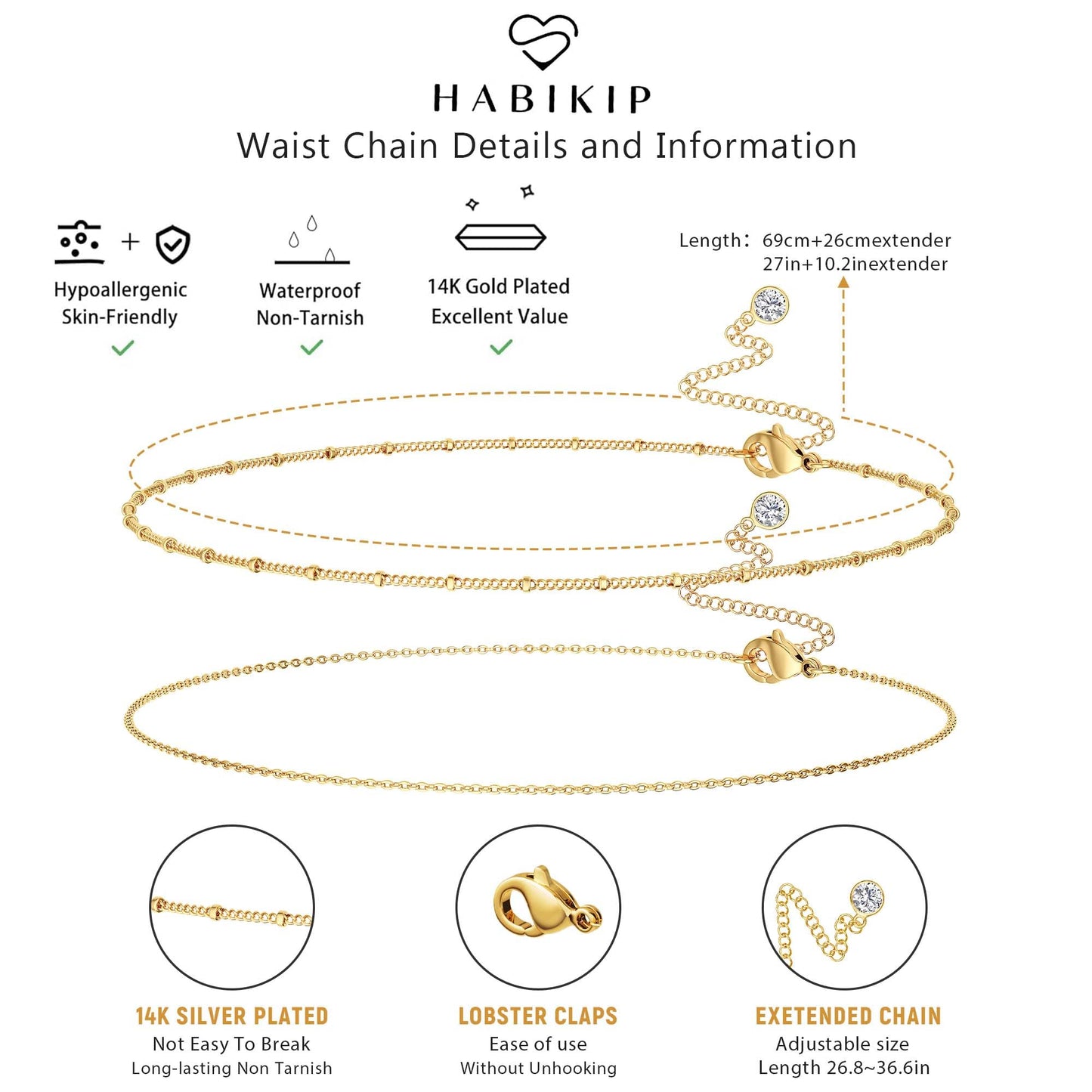 HABIKIP 14K Gold Plated Waist Beads Chain for Women, 2PCS Layered Gold Plated Belly Chain Belt Sexy Bikini Beach Waist Chain Adjustable Waterproof Cuban Body Chain Summer Jewelry Accessories for Women