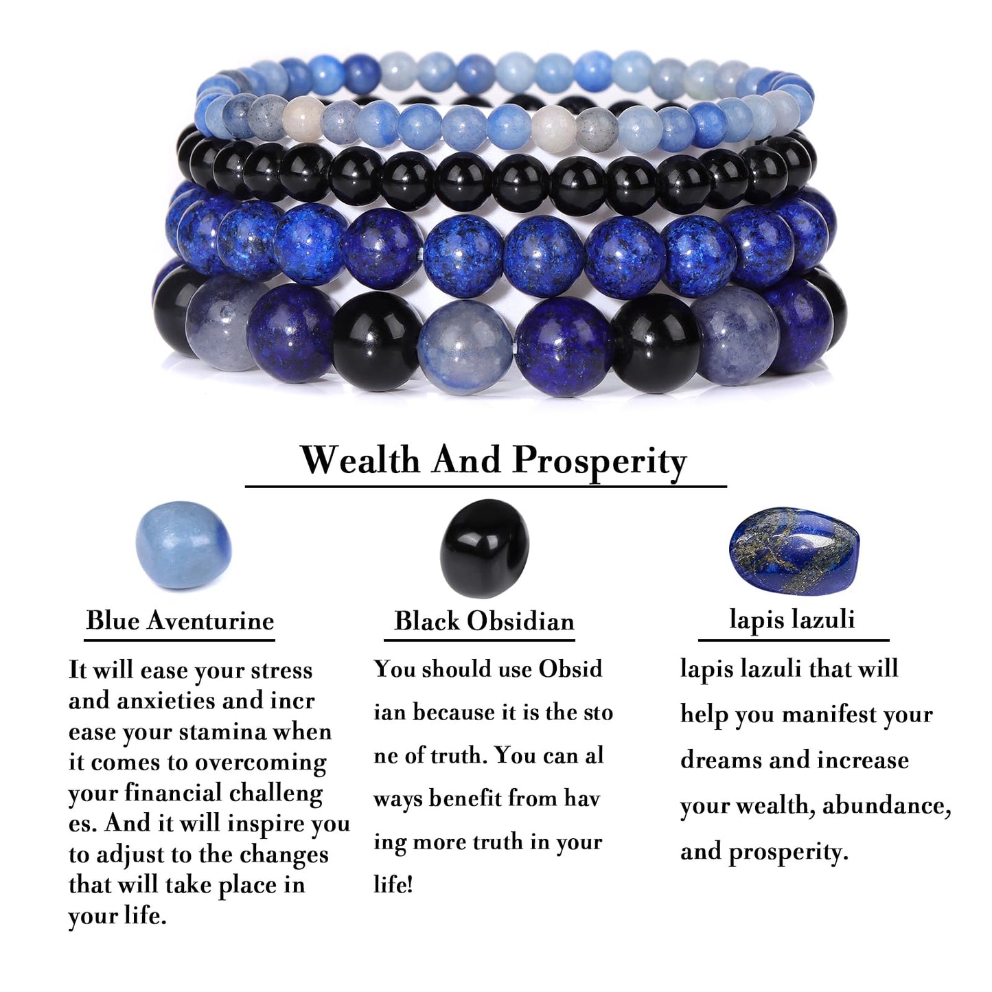 Vinswet 4pcs Beaded Bracelets for Women, Natural Healing Crystal Gemstones, Anxiety Stress Relief Bracelet Handmade Jewelry, 7.48in, Stone, no gemstone, Blue Aventurine&Black Obsidian&lapis lazuli