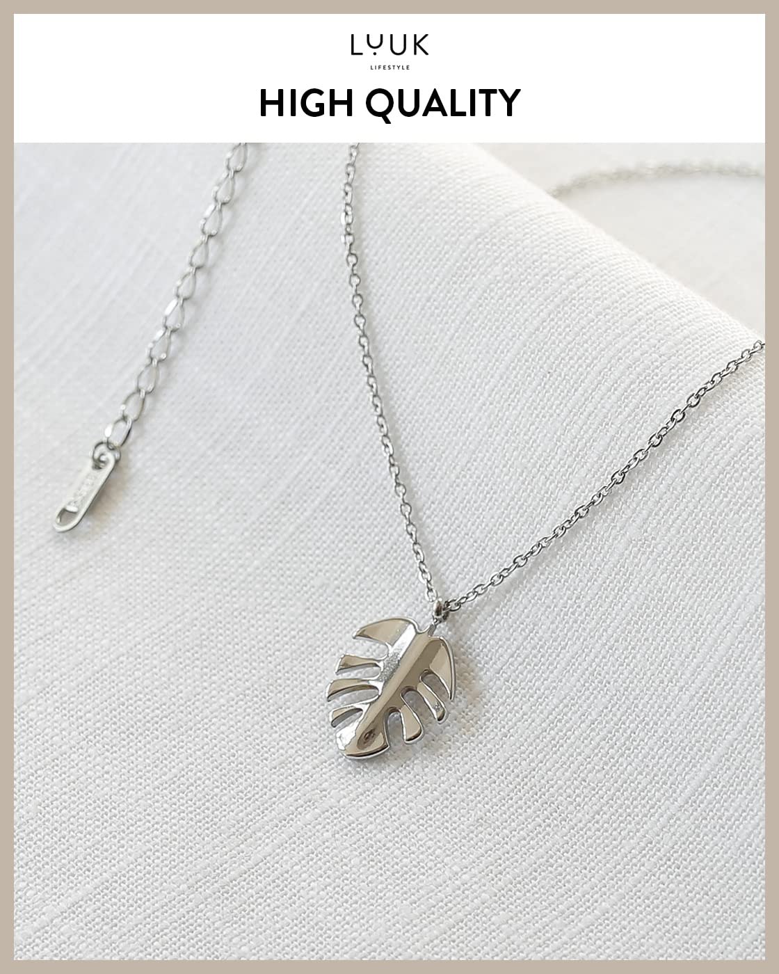 LUUK LIFESTYLE Necklace for women in stainless steel with monstera leaf pendant and HAPPINESS card, gift idea, symbol of nature and well-being, necklace for women, women jewelry, silver