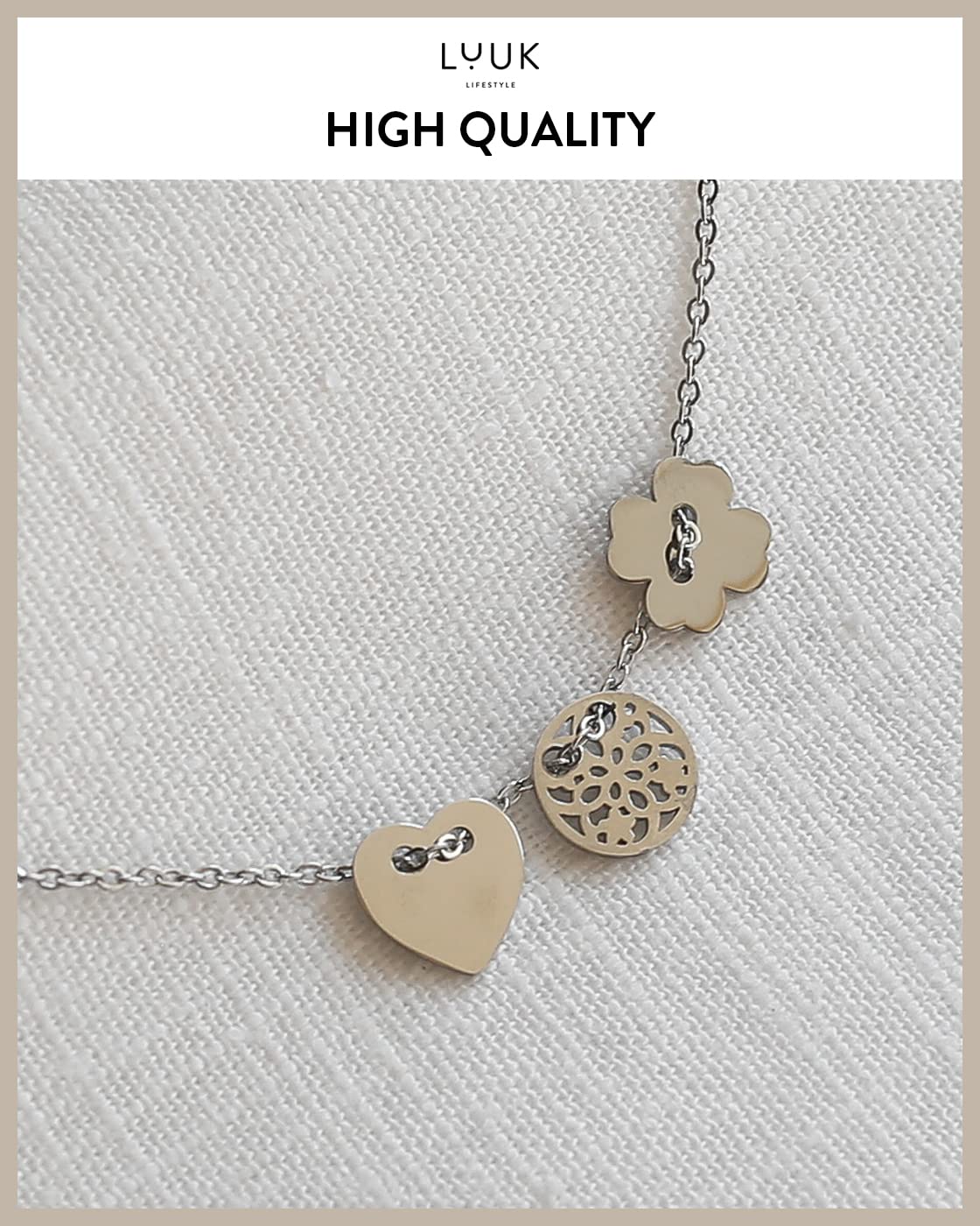 LUUK LIFESTYLE Stainless steel necklace for women, with four-leaf clover, mandala and heart pendants, lucky charms, with HAPPINESS gift card, fine design for attractive look, silver