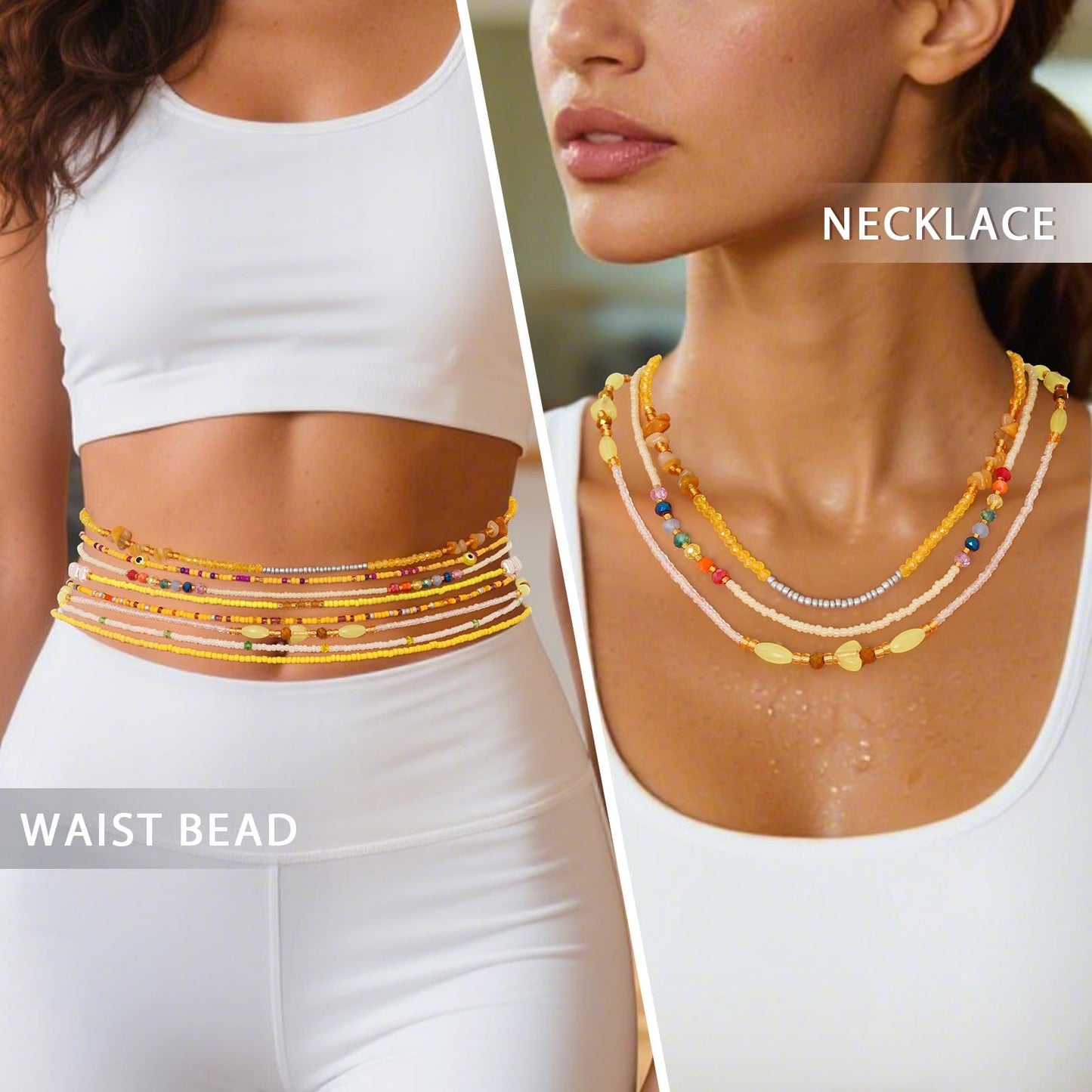 ELABEST Adjustable Handmade Waist Beads Stretchy 23-52 inch 8Pcs Chakra Body Belly Beaded Women Waist, Anklet, Bracelet, Necklace Jewelry with Screw clasp (Yellow, 31.5inch/80cm)