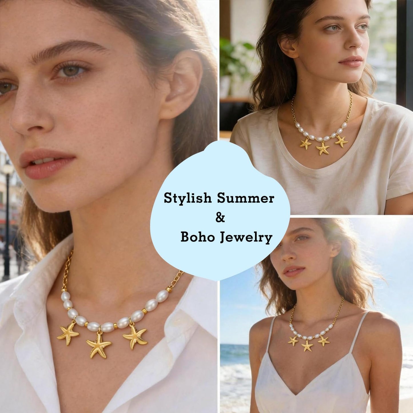 Starfish Necklace for Women: 14K Gold Plated 3-Piece Pendant with 10 Simulated Pearls on Stainless Steel Chain | Cute Boho Beach Jewelry Gift for Summer (Gold)