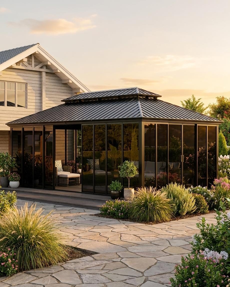 12x20 ft Hardtop Gazebo Sunroom with Sliding Doors, Heavy-Duty All-Aluminum Frame, Weatherproof Screen Room for Backyard Patio Deck