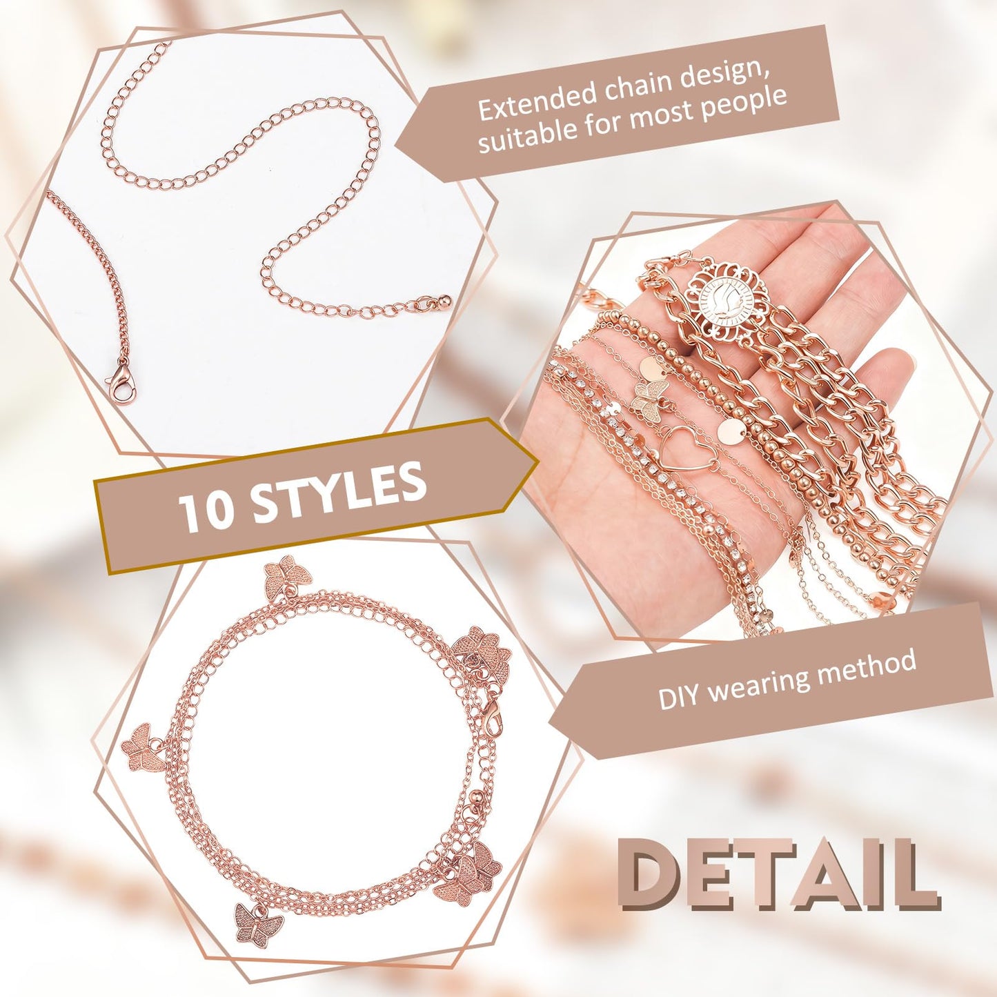 Lenwen 10 Pcs Summer Beach Belly Chain Adjustable Waist Multi Layered Chain Waist Jewelry for Women Girls Multilayer Body(Stylish Style,Rose Gold)