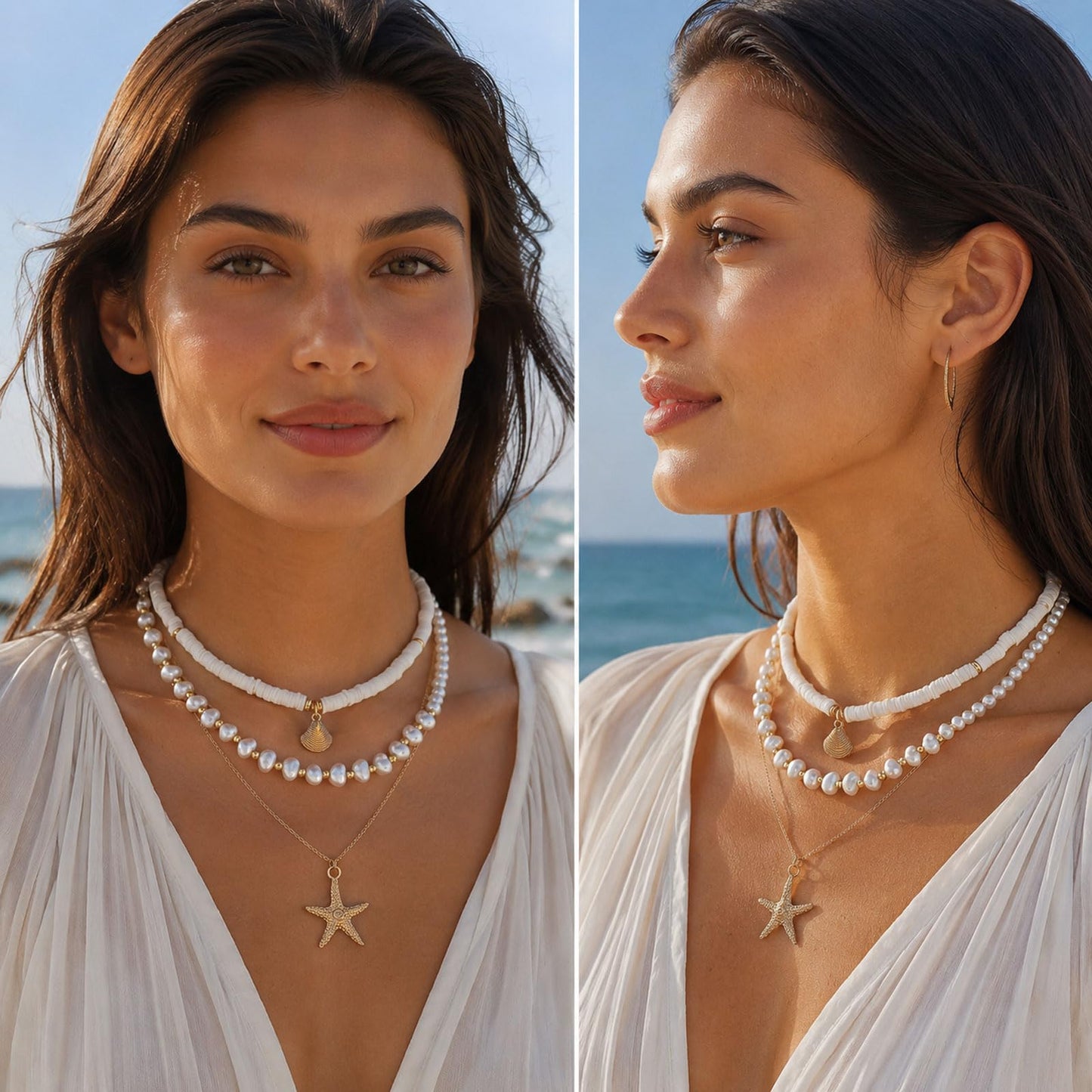 Frodete Starfish Necklace for Women Beach Necklaces Jewelry Layered Choker Drop Dangle Summer Vacation Outfits Theme Conch Seashell Accessories Ocean Pendant Dress Costume