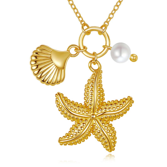 LUANIOL Starfish Necklace 18K Yellow Gold Plated Starfish Seashell Pendant Necklace Beachy Jewelry Gifts for Women