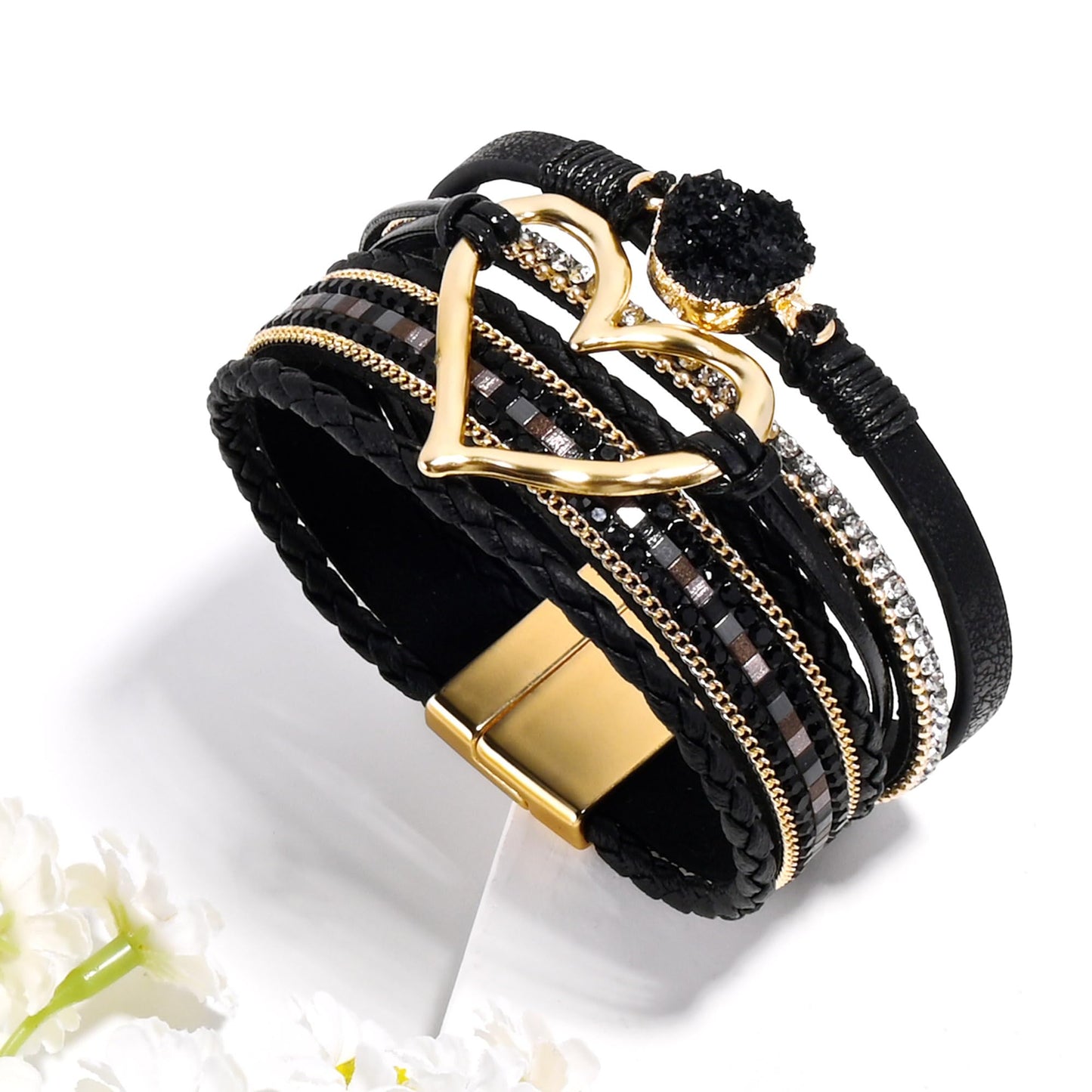 VIBILIA Boho Leather Wrap Bracelets for Women Heart Multi-Layer Bracelets with Strong Clasp Jewelry for Women-Black