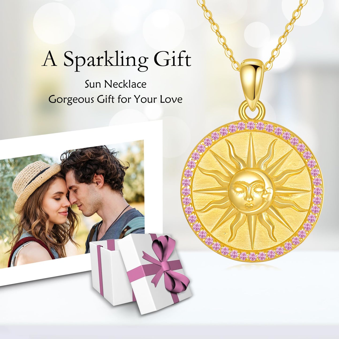 KQF Birthstone Sun Necklace for Women 925 Sterling Silver Sun and Moon Gold Plated Coin Pendant October Jewelry Gift