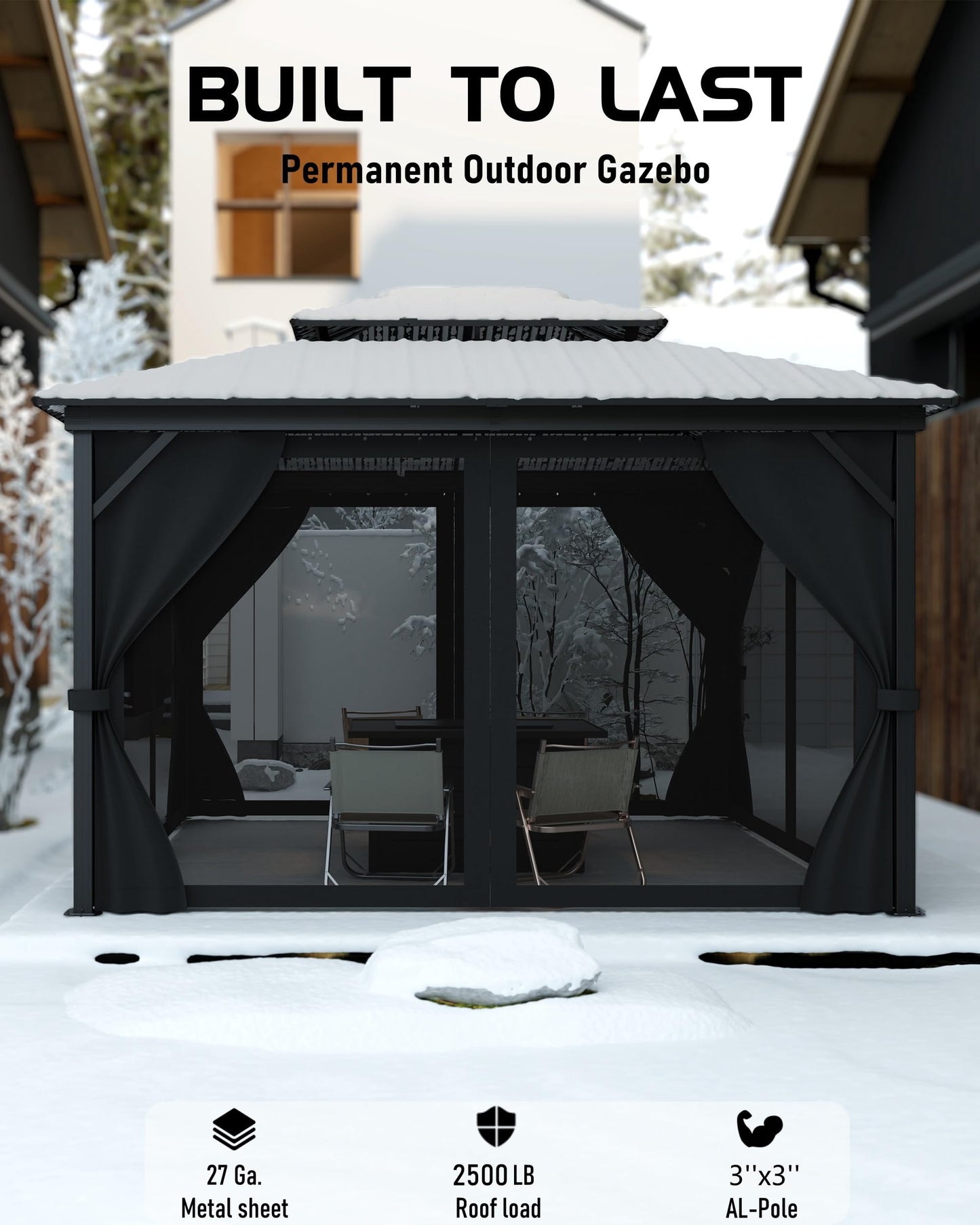 GarveeLife Hardtop Gazebo 10 ft x12 ft for All Weather, with Double Metal Roof, Aluminum Alloy Frame, Net, and Curtain, Permanent Building for Patio, Deck, Backyard, Lawn, and Garden