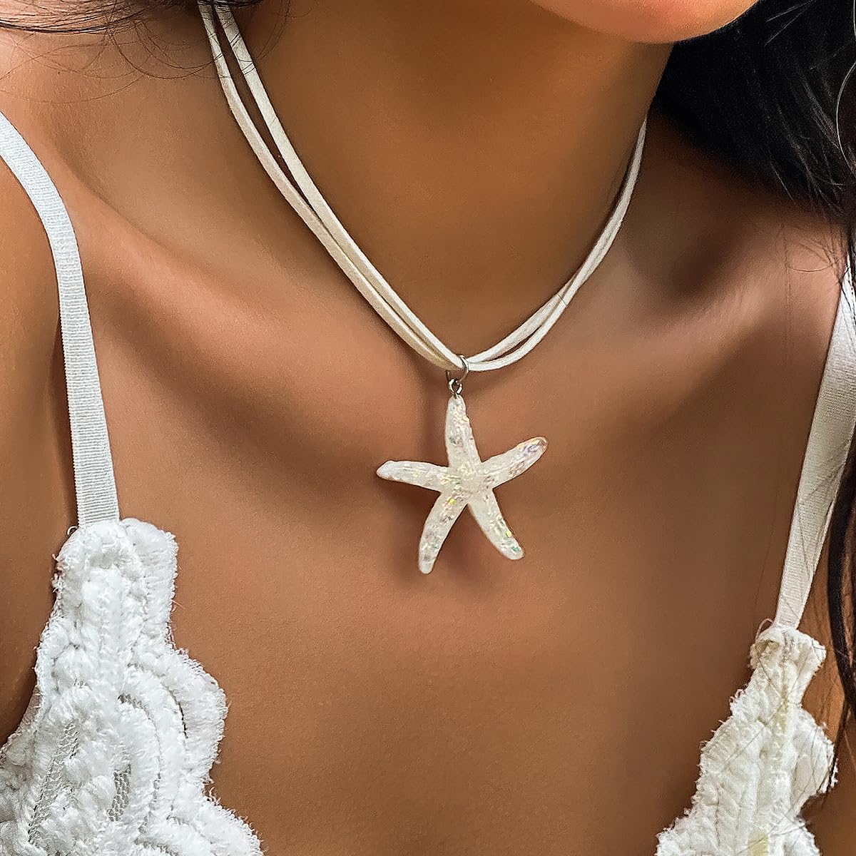 Layered Starfish Necklace Beach Jewelry for Women Seashell Cowrie Puka Shell Necklaces for Women Beach Necklace Turtle Beaded Choker Necklaces Ocean Jewelry (3 - White)
