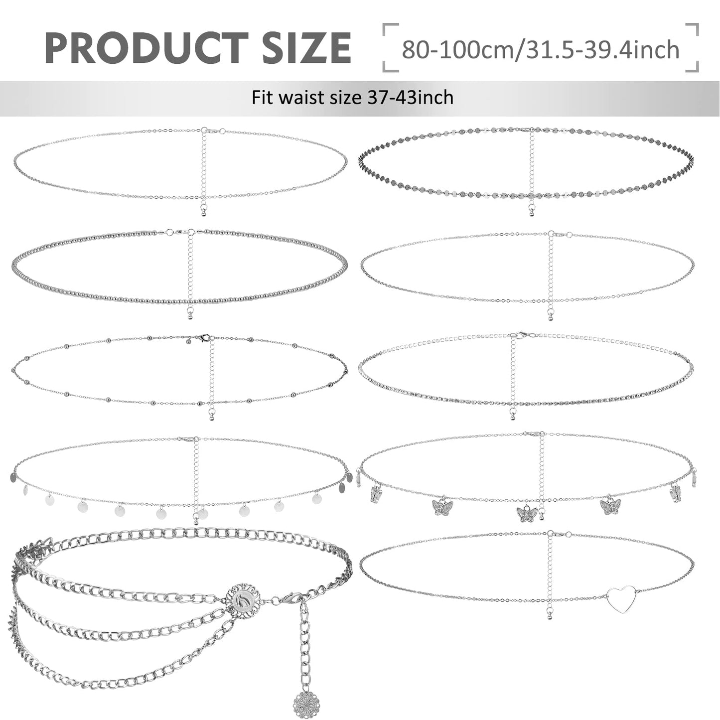 Lenwen 10 Pcs Summer Beach Belly Chain Adjustable Waist Multi Layered Chain Waist Jewelry for Women Girls Multilayer Body(Stylish Style,Silver)