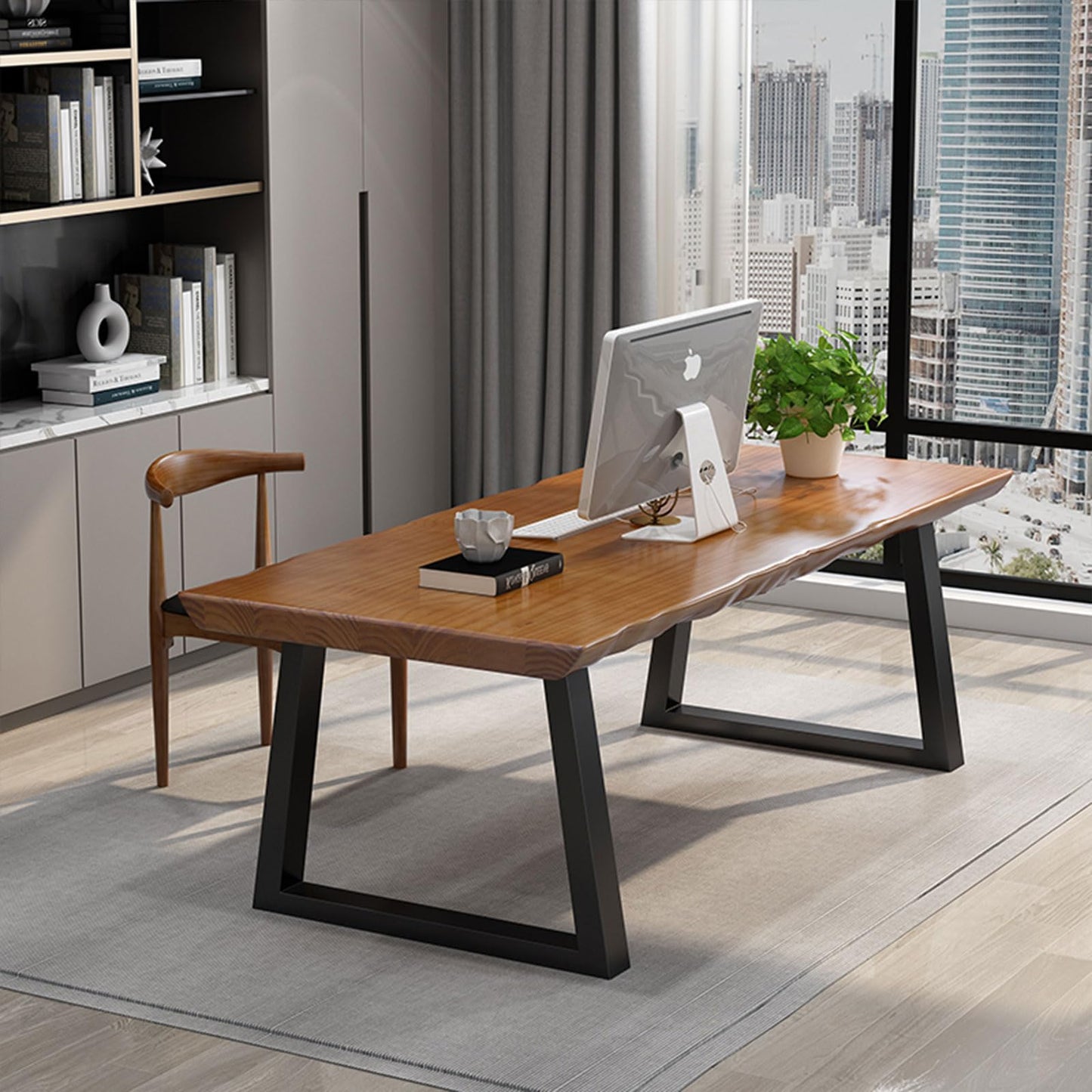 tiedingdingjiaju Modern Solid Wood Executive Desk – Spacious and Minimalist Home Office Workstation Perfect for Writing and Professional Use (Light Brown, 55.12)