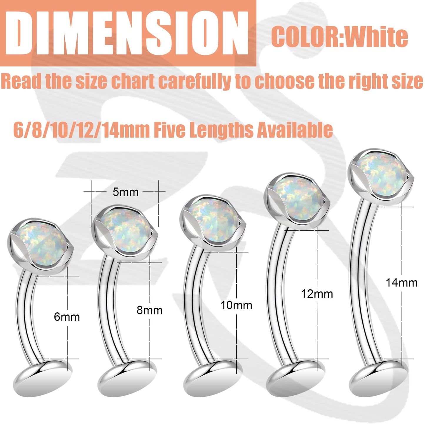 ZS ASTM F136 Titanium Belly Button Ring, 14G Opal Stones Navel Jewelry, 6/8/10/12/14MM Internally Threaded Long Bar Navel Barbell Stud Flat Back Belly Piercing (White Opal,L:12mm)