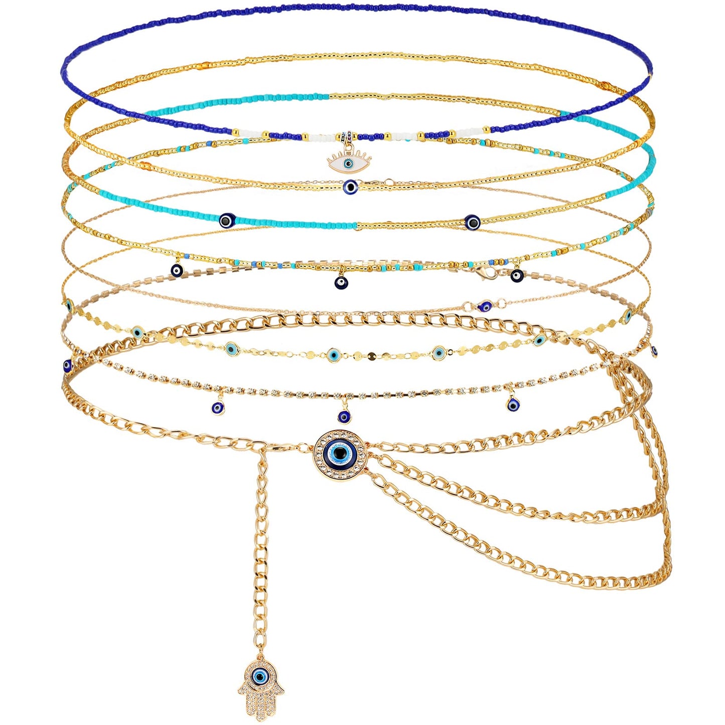 JenPen 8 Pcs Belly Chain Adjustable Waist Chain Summer Beach Bikini Waist Body Beads for Women Adults Multilayer(Delicate Style)