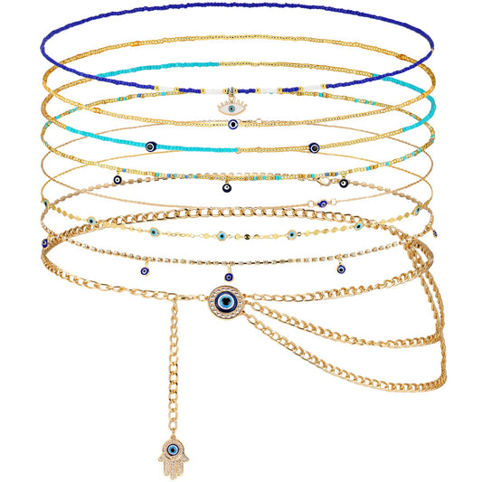 JenPen 8 Pcs Belly Chain Adjustable Waist Chain Summer Beach Bikini Waist Body Beads for Women Adults Multilayer(Delicate Style)