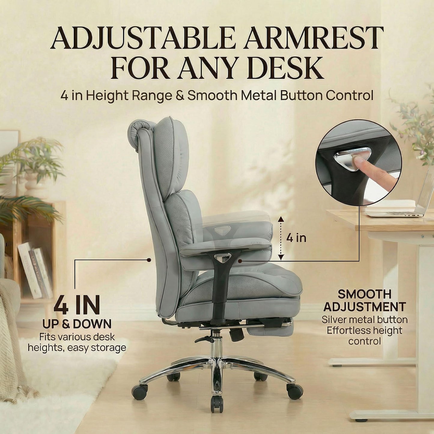 Efomao Big & Tall Executive Office Chair with Footrest - 400lbs Heavy Duty High Back PU Leather Desk Chair, Modern Ergonomic Reclining Computer Chair, Grey
