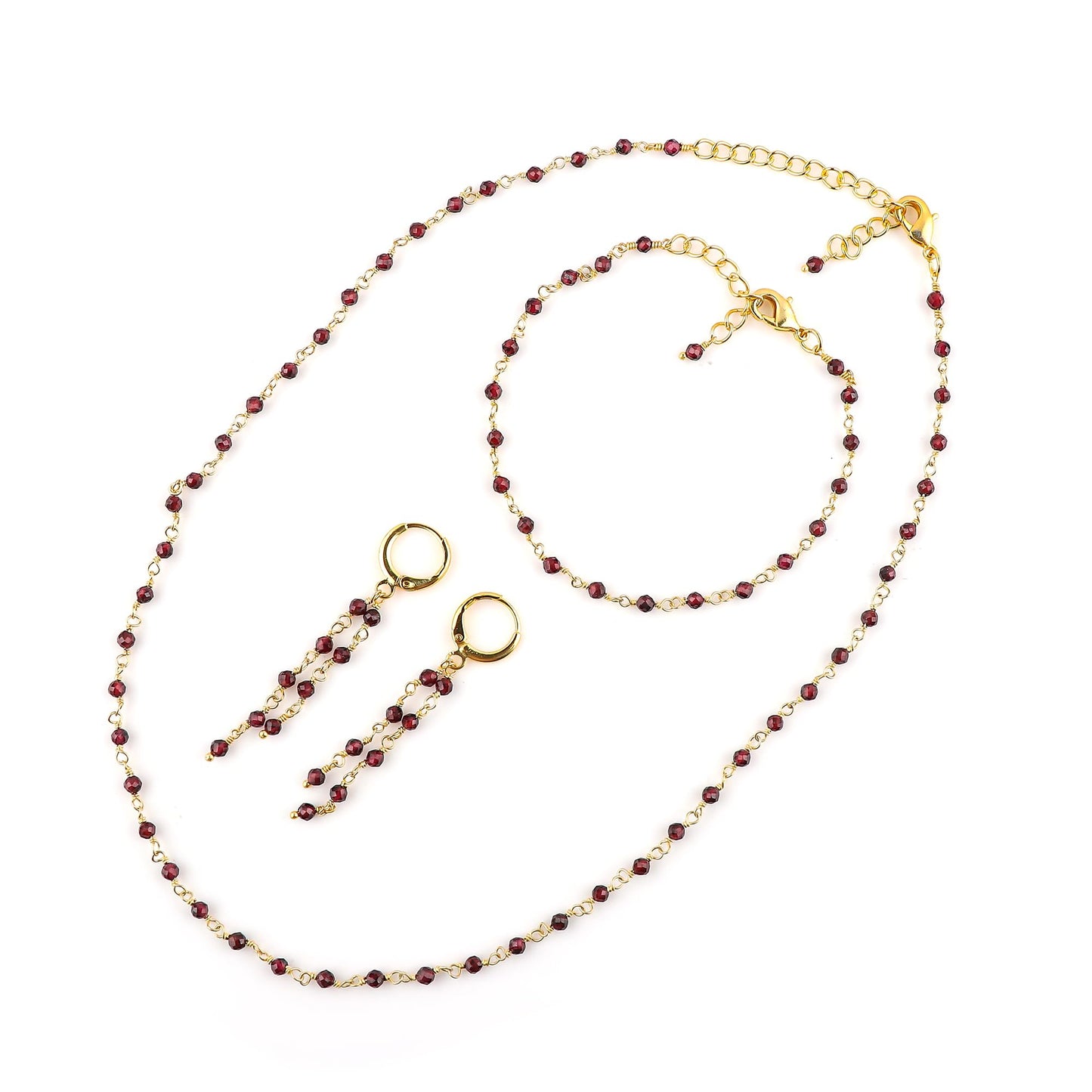 CRYSTALINES (3pcs Natural Garnet Gemstone Cluster Jewelry Combo Set, 14K Gold Plated, Microfaceted Beads Rosary Chain, Handmade Hypoallergenic Jewelry - Bracelets, Necklace, Earrings for Women