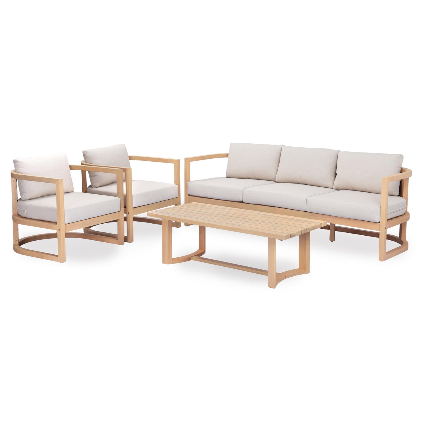 Merax 4 Piece Rattan Woven Paito Conversation Set, All-Weather Acacia Wood 3 Seater Sofa,2 Club Armchairs with Coushions, 1 Coffee Table for Porch, Lawn, Backyard, Balcony, Light Teak