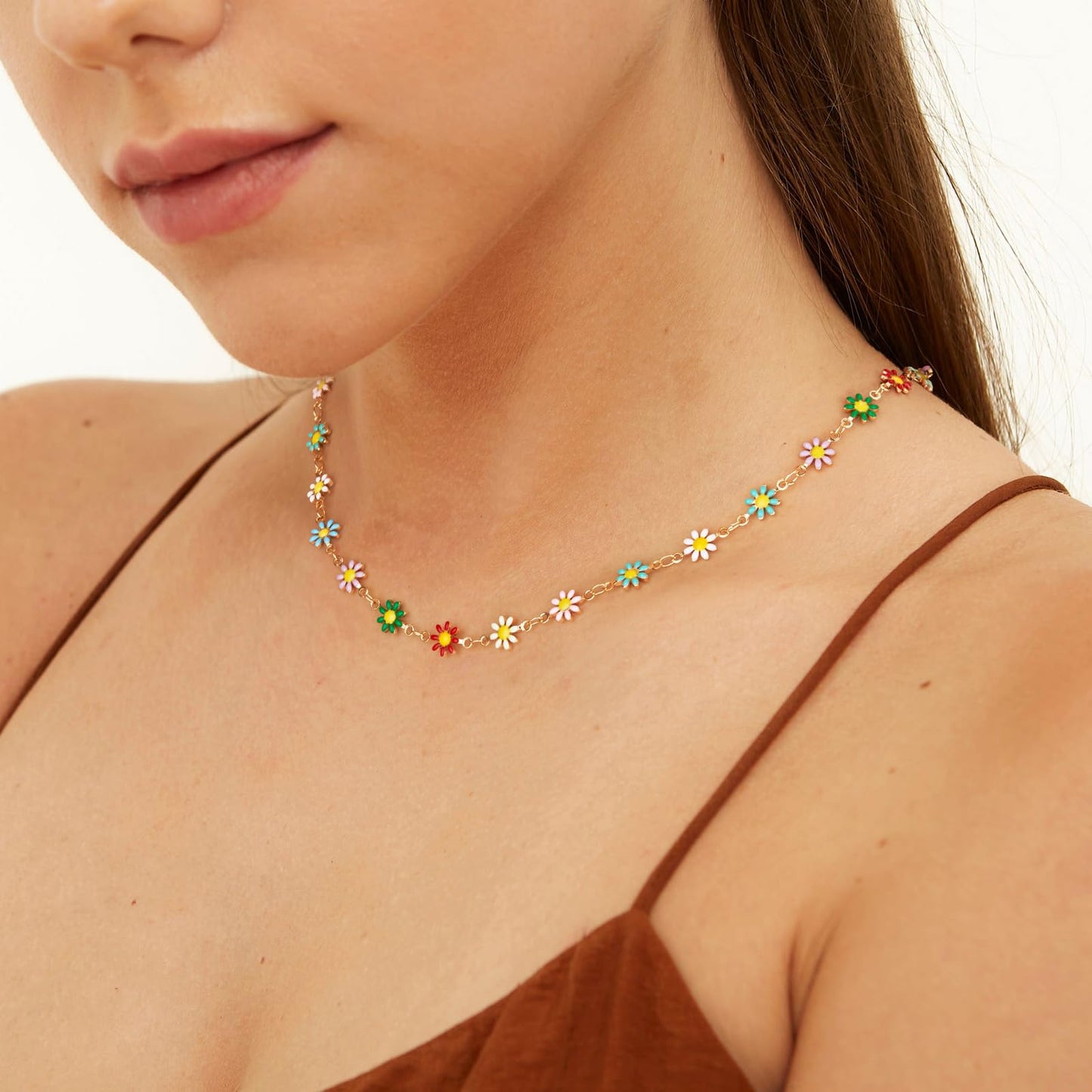 MTMY Gold Choker Necklace,14K Gold Plated Dainty Chain Choker Necklace Delicate Fashion Jewelry Gift for Women(colorful daisies)