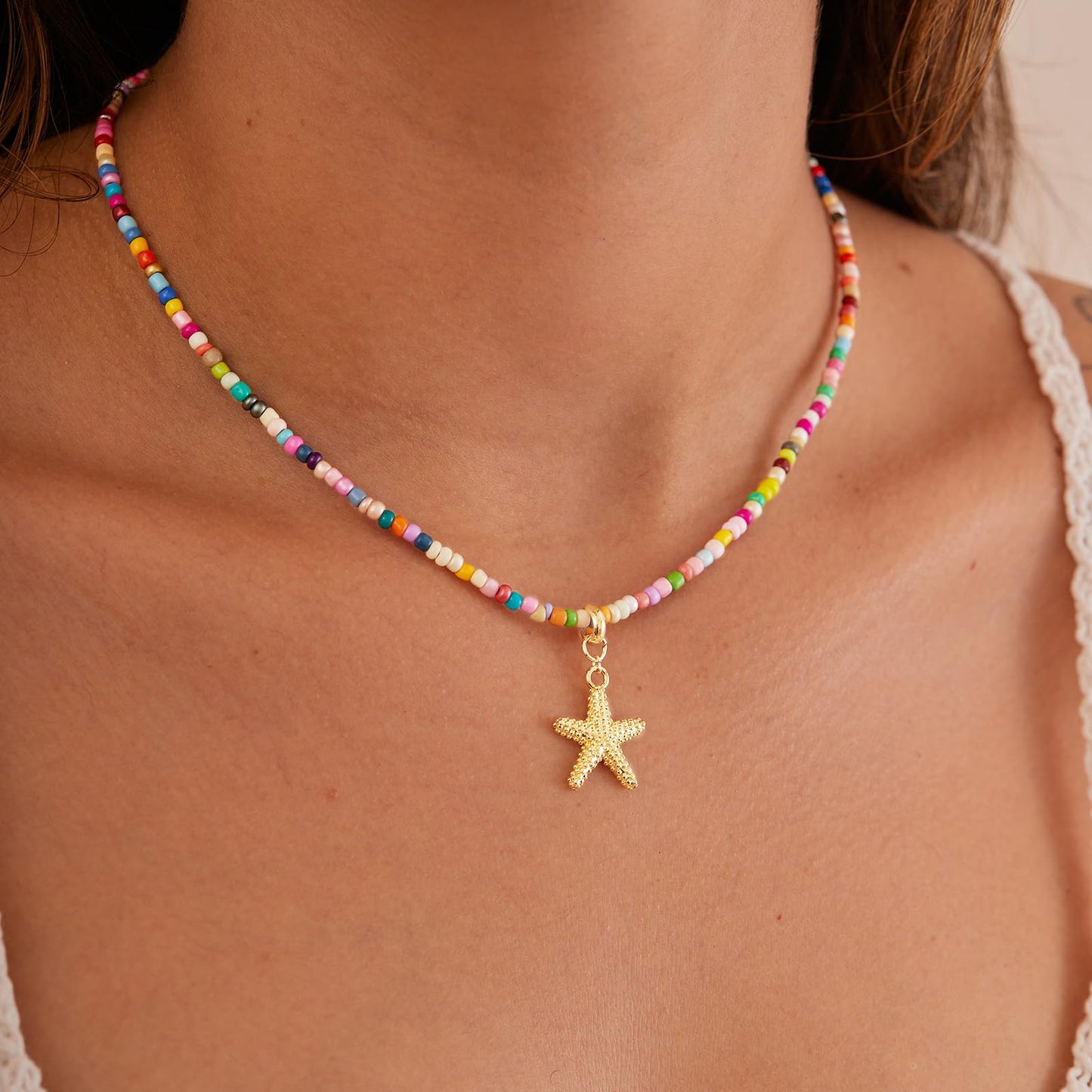 Plenky Gold Necklace for Women-Colorful Beaded Necklaces 14K Gold Plated Bohemian Choker Spotted Starfish Beachy Jewelry for Women Gifts