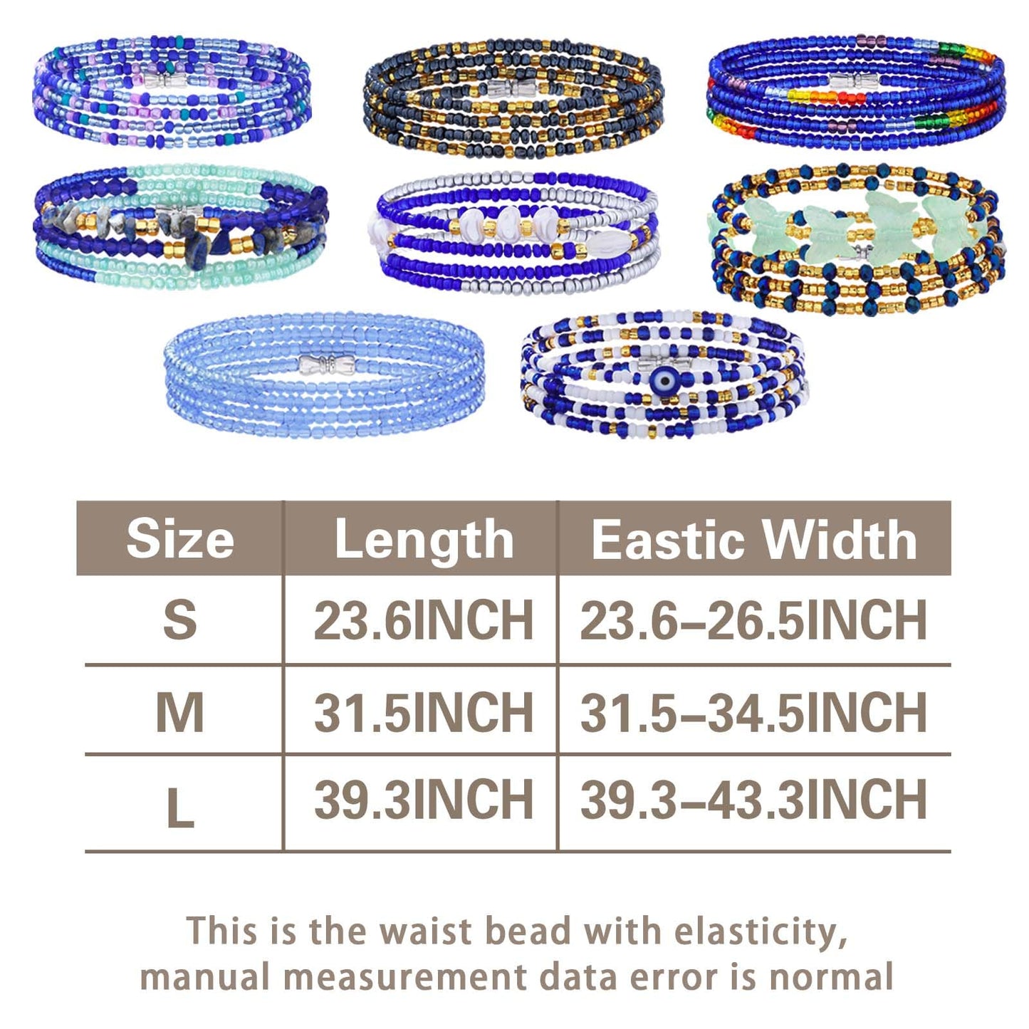 ELABEST Adjustable Handmade Waist Beads Stretchy 23-52 inch 8Pcs Chakra Body Belly Beaded Women Waist, Anklet, Bracelet, Necklace Jewelry with Screw clasp (Blue, 31.5inch/80cm)