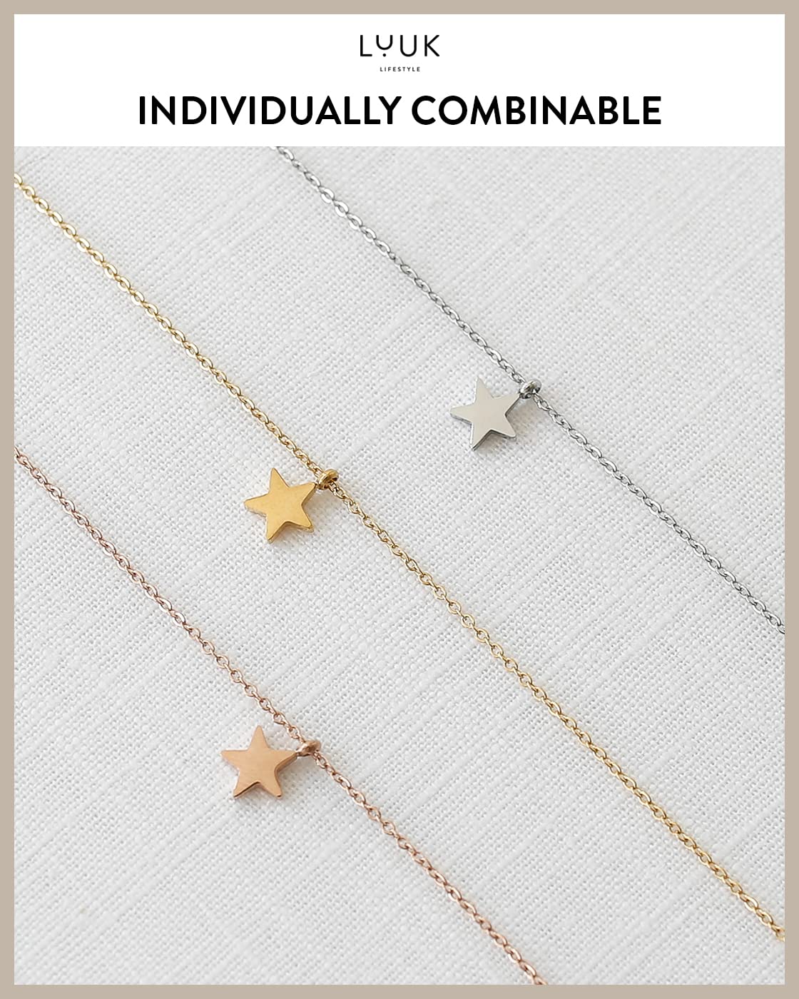LUUK LIFESTYLE stainless steel ladies' necklace with star pendant and HAPPINESS gift card, elegant jewellery, 19” adjustable chain length friendship necklace, silver