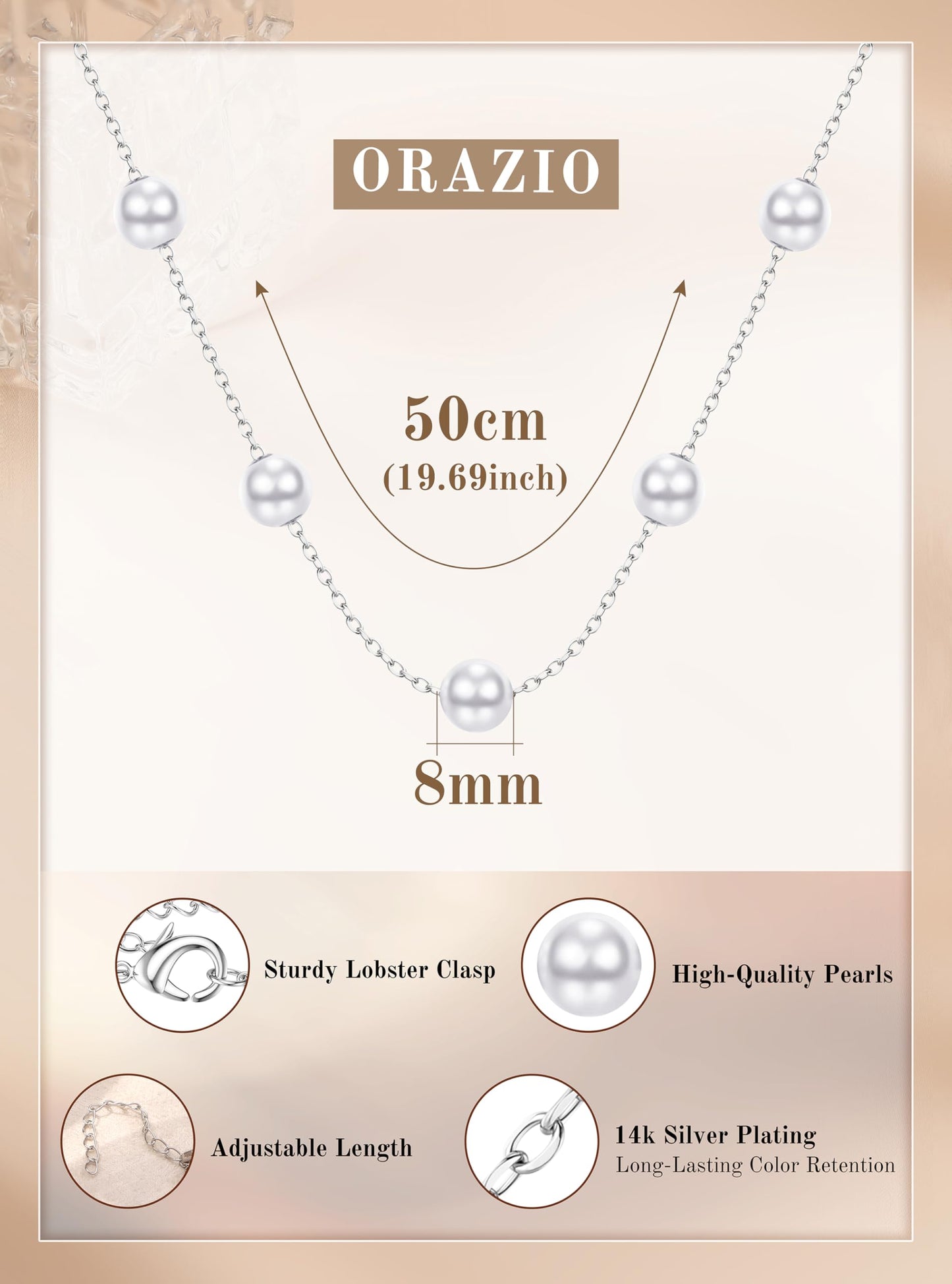 ORAZIO Dainty Gold Pearl Necklaces for Women, Silver Plated Faux Pearl Choker Necklaces Trendy Small Pearl Necklace Strand Wedding Prom Bridal Pearls Jewelry Gifts 20 in 8mm