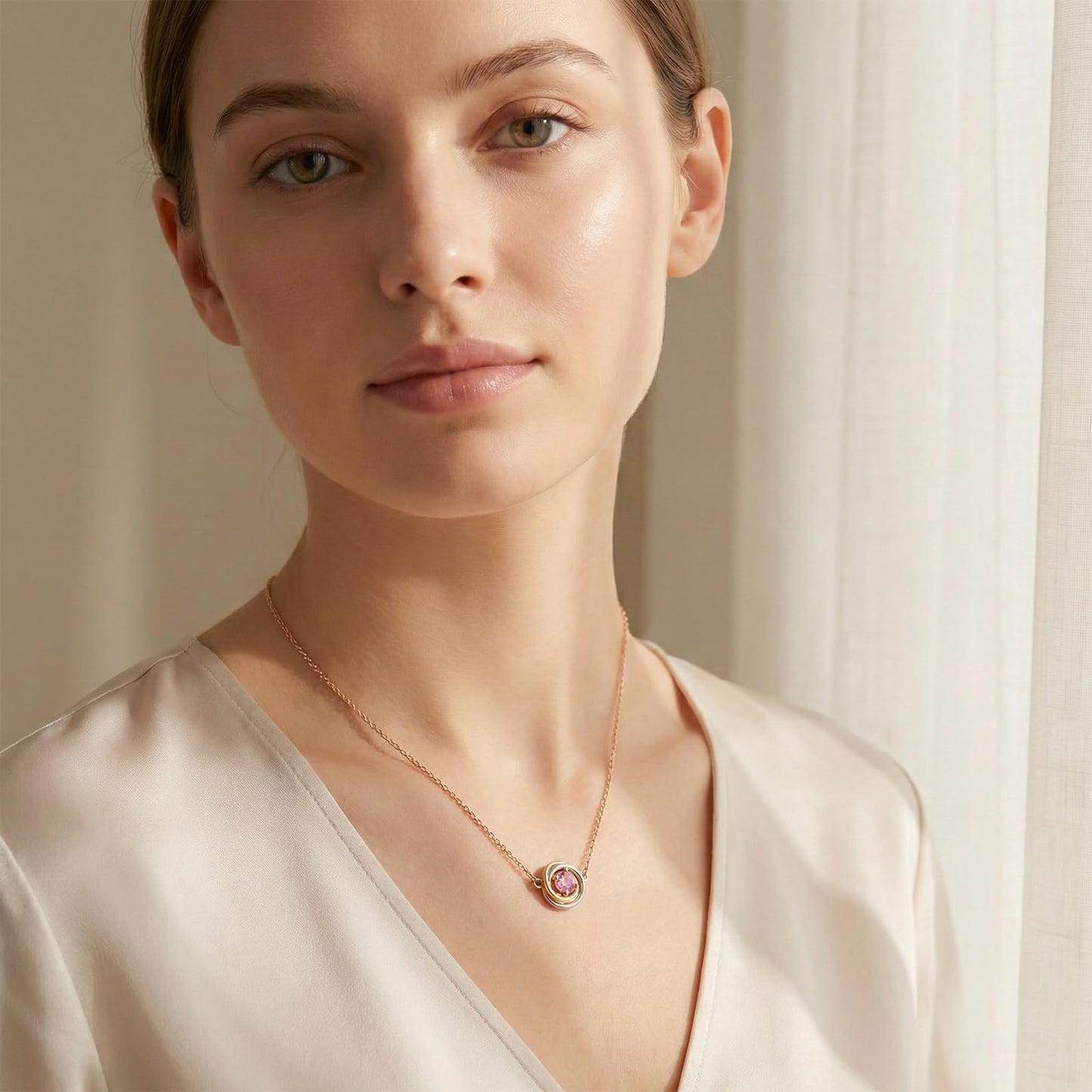 Tessalyn Round Birthstone Necklace, 18K Gold Plated Zircon Necklace Elegant Tri-Color Jewelry Valentines Day Gifts for Her