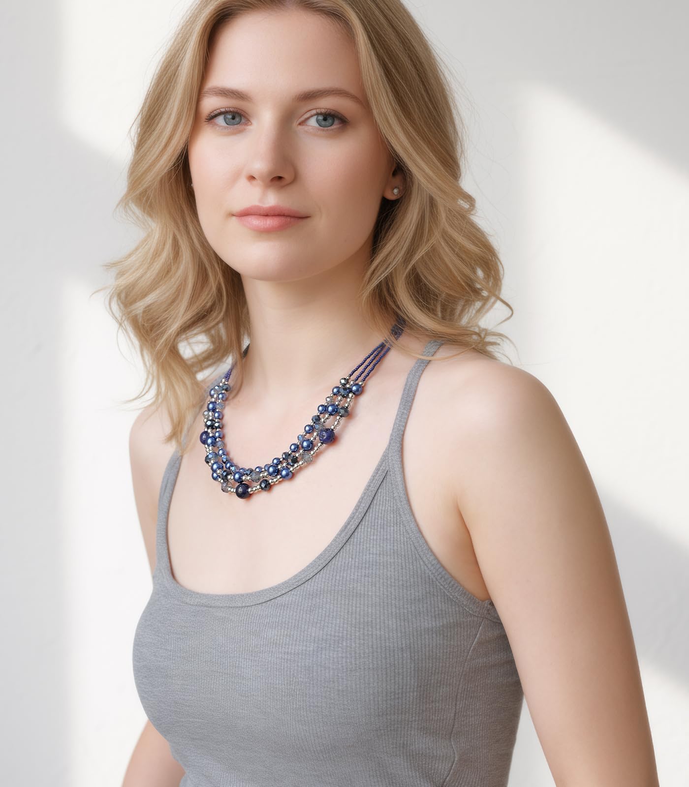 Noessla Beaded Statement Necklaces for Women Layered Chunky Bead Necklace Fashion Costume Jewelry Gifts for Mom(Blue)