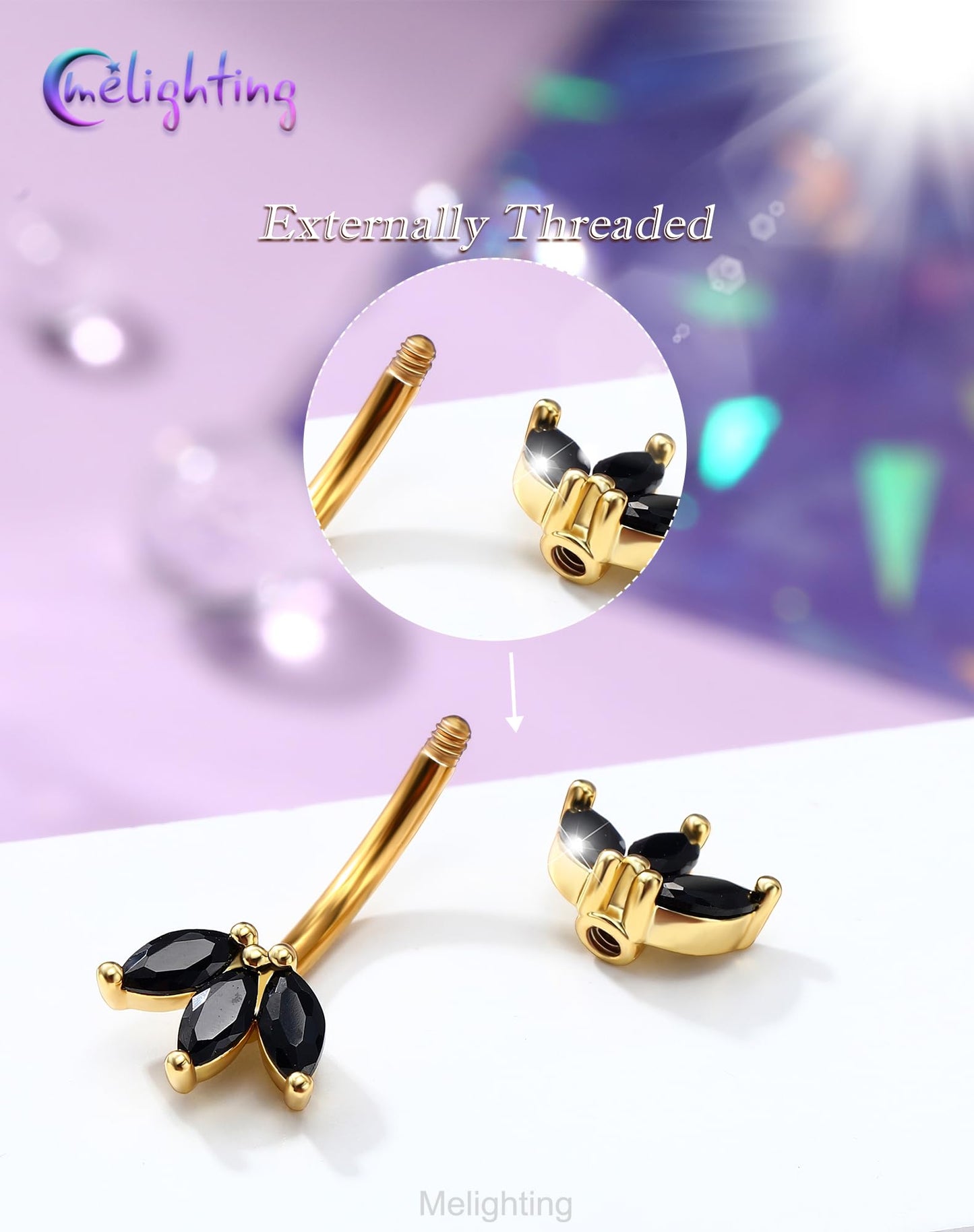 Melighting 14G Gold Lotus Belly Button Ring, Black CZ Navel Ring 316L Surgical Stainless Steel Marquise 5A CZ Belly Bar 8 mm