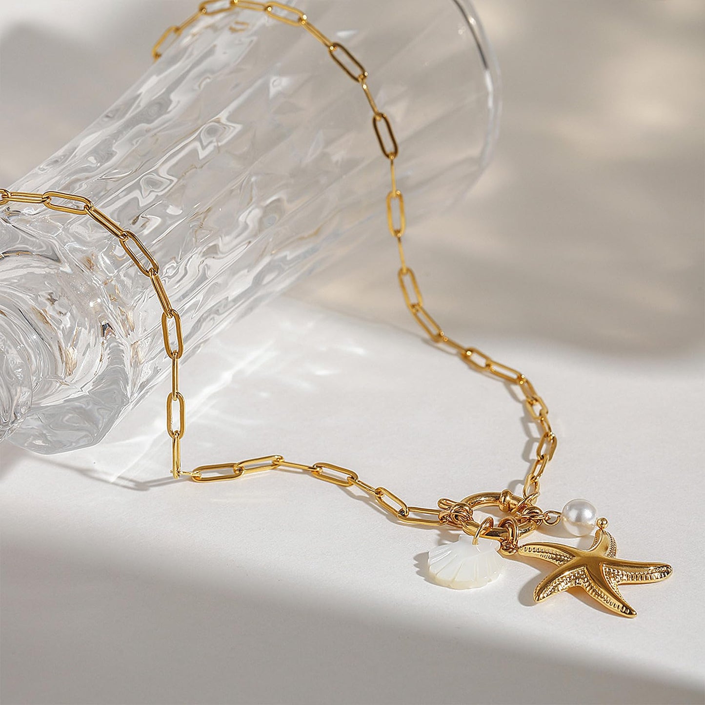 Biuwos Summer Necklace for Women Metal Starfish Seashell Pendant Necklace Vacation Beach Jewelry