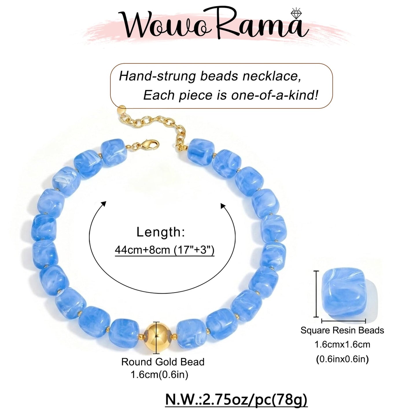 WOWORAMA Chunky Choker Necklaces for Women Sky Blue Large Square Resin Beads Necklace Trendy Statement Chunky Beaded Necklace Summer Holiday Jewelry