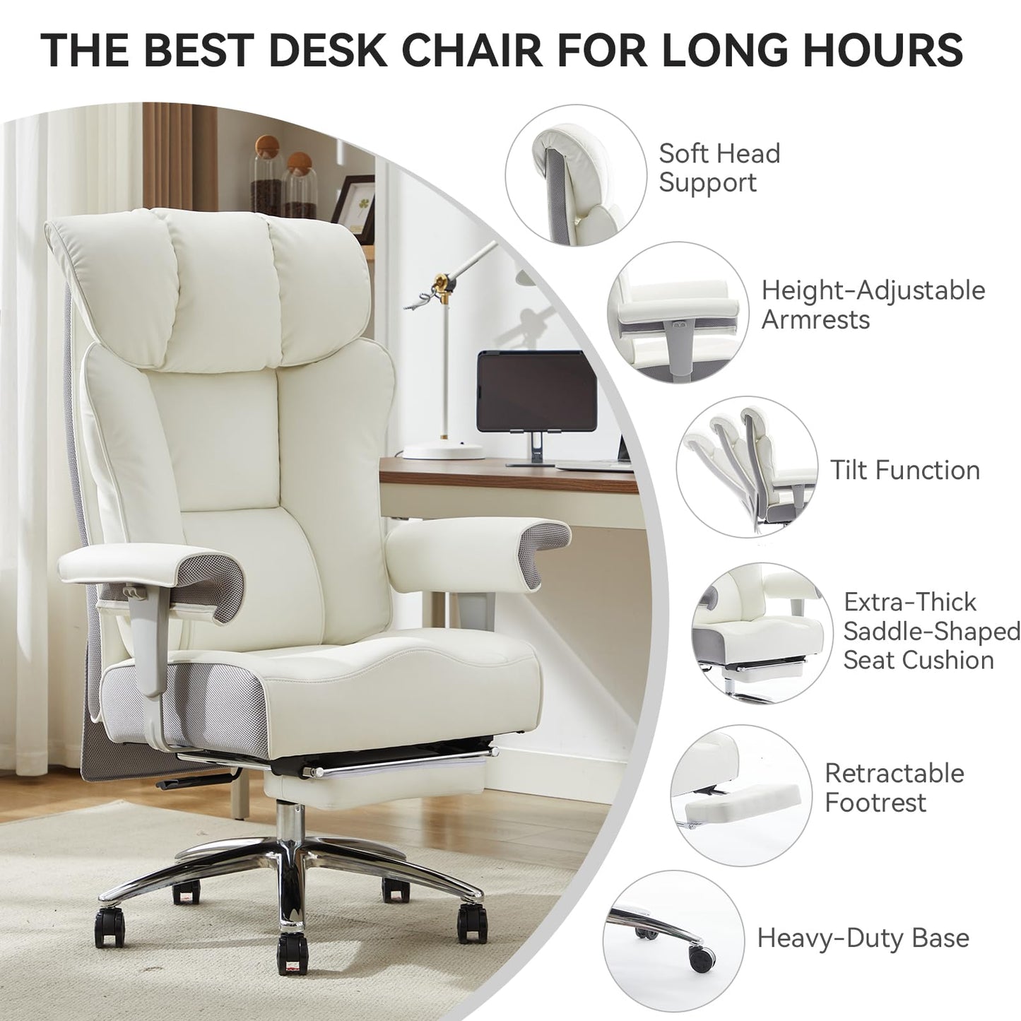 Efomao Big and Tall Office Chair 400lbs - Heavy Duty Executive Desk Chair with Foot Rest & 23" Wide Seat - High Back Ergonomic Leather Computer Chair for Heavy People, Home Office, White