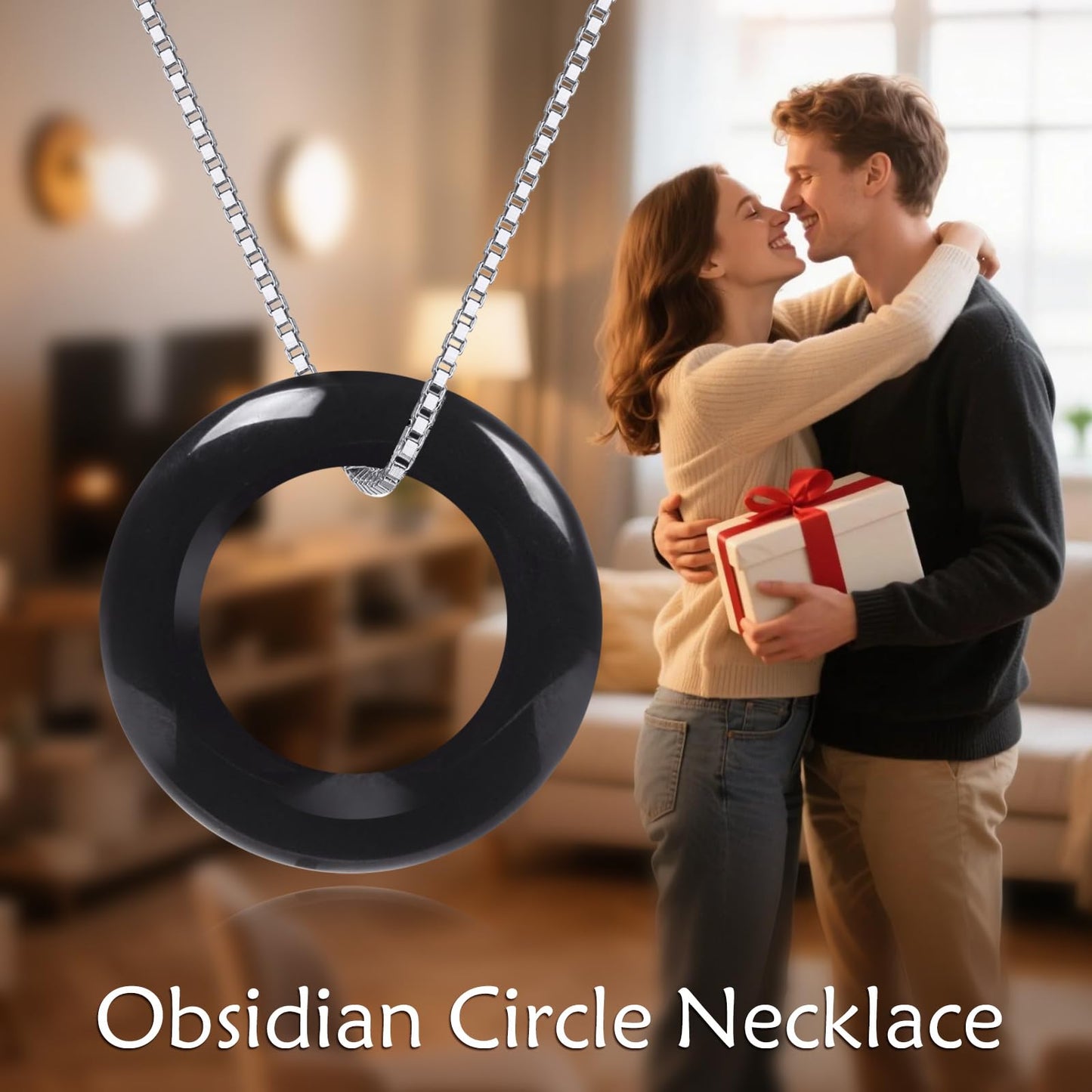 AOBOCO 925 Sterling Silver Circle Necklace with Obsidian Necklace for Women Birthday Gift Christmas Holiday Gift (Dia 0.78" Obsidian)