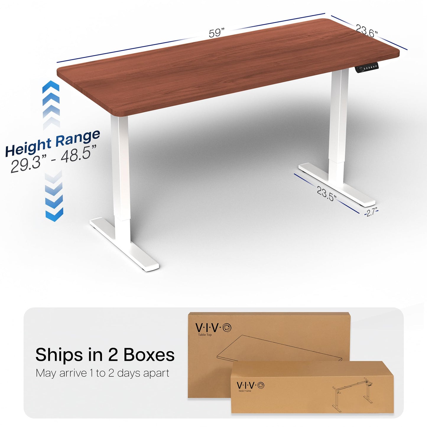 VIVO Electric 60 x 24 in Standing Desk, Memory Height Adjustment, 1B Series, Holds 220 lbs, One-Piece Dark Walnut Top, White Frame, DESK-KIT-1W6D