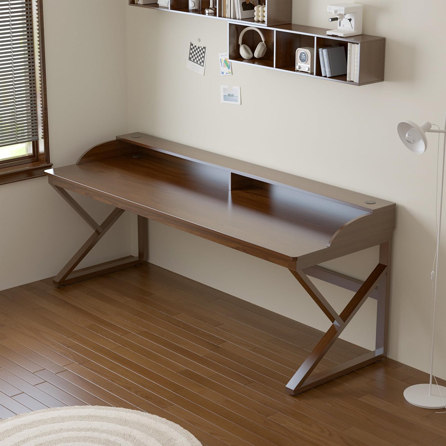 OSCHF Long Desk with Monitor Stand - 71" Double Long Computer Table for 2-Person Workstation, Large Writing Study Work Desk for Home and Office, Walnut