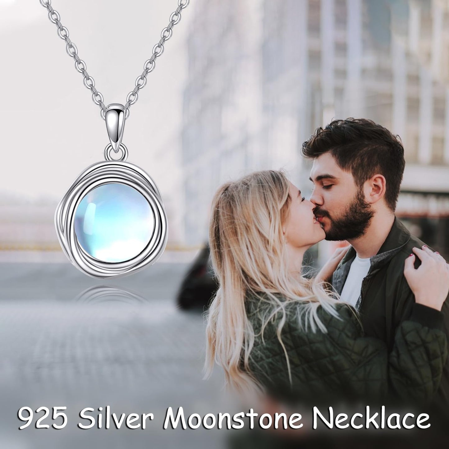 POPLYKE Moonstone Necklace - Sterling Silver Moonstone Pendant, 8mm - Women's Jewelry Gifts for Mom or Wife